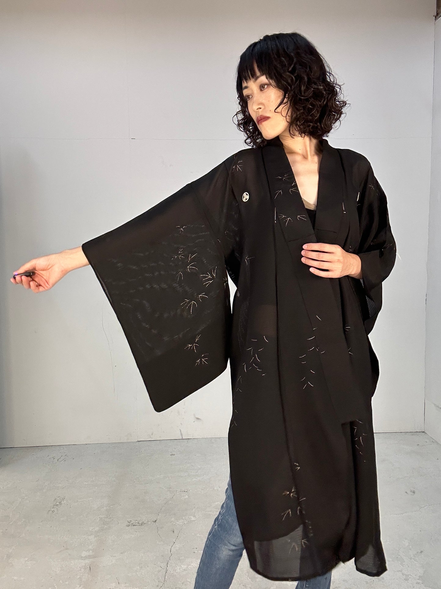 SHEER kimono dress gown and string belt upcycled from Japanese kimono "kin ashiato"