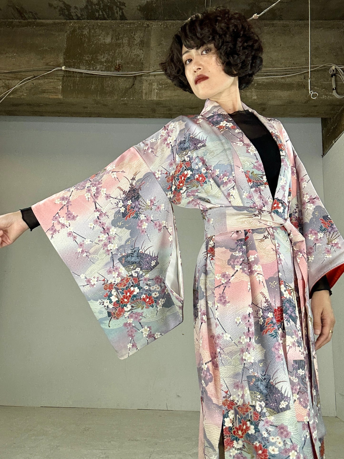 Kimono dress gown and string belt upcycled from Japanese kimono "Shiki kusabana"