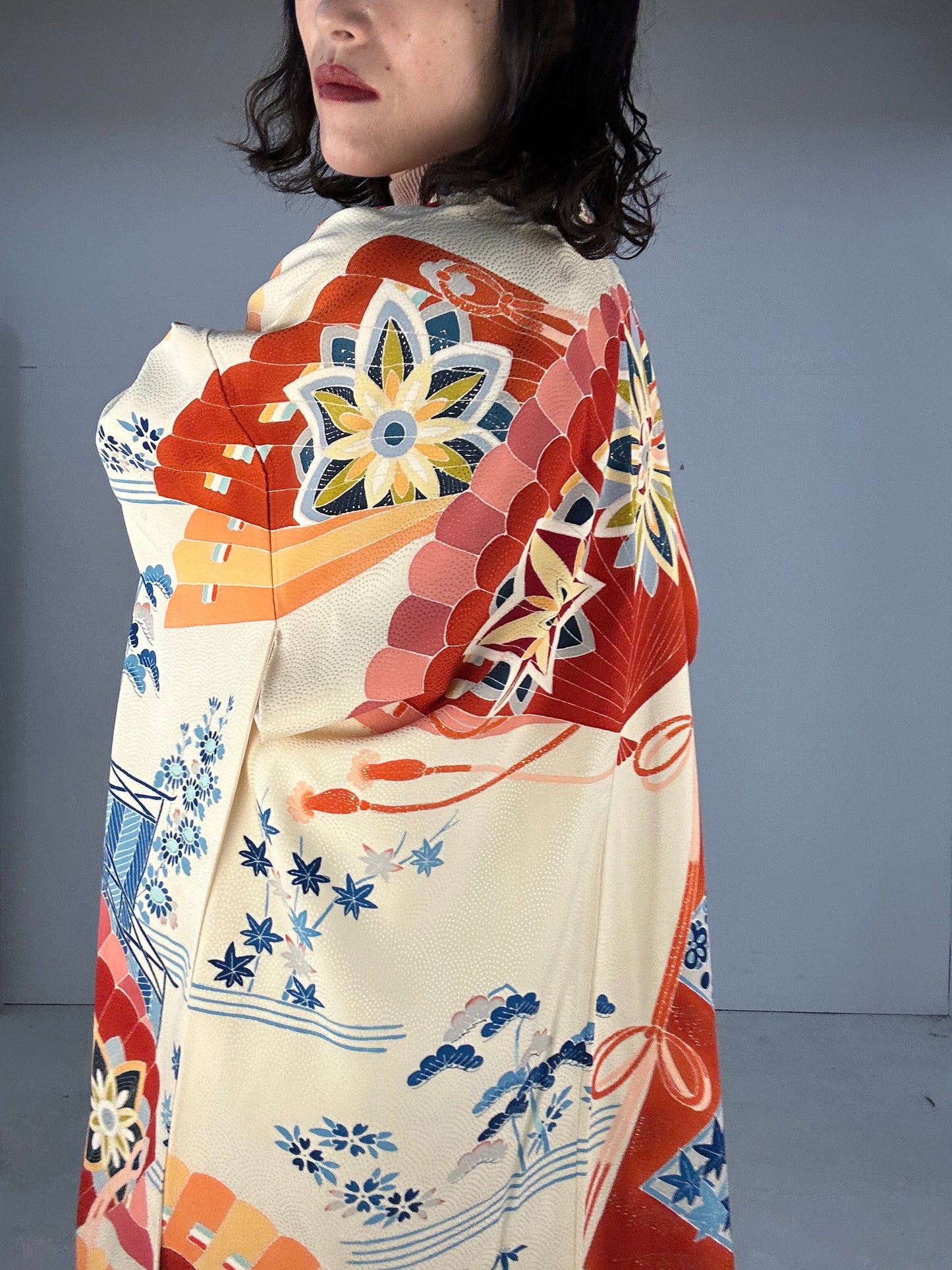 Furisode Kimono dress gown and string belt upcycled from Japanese kimono "furisode aka"