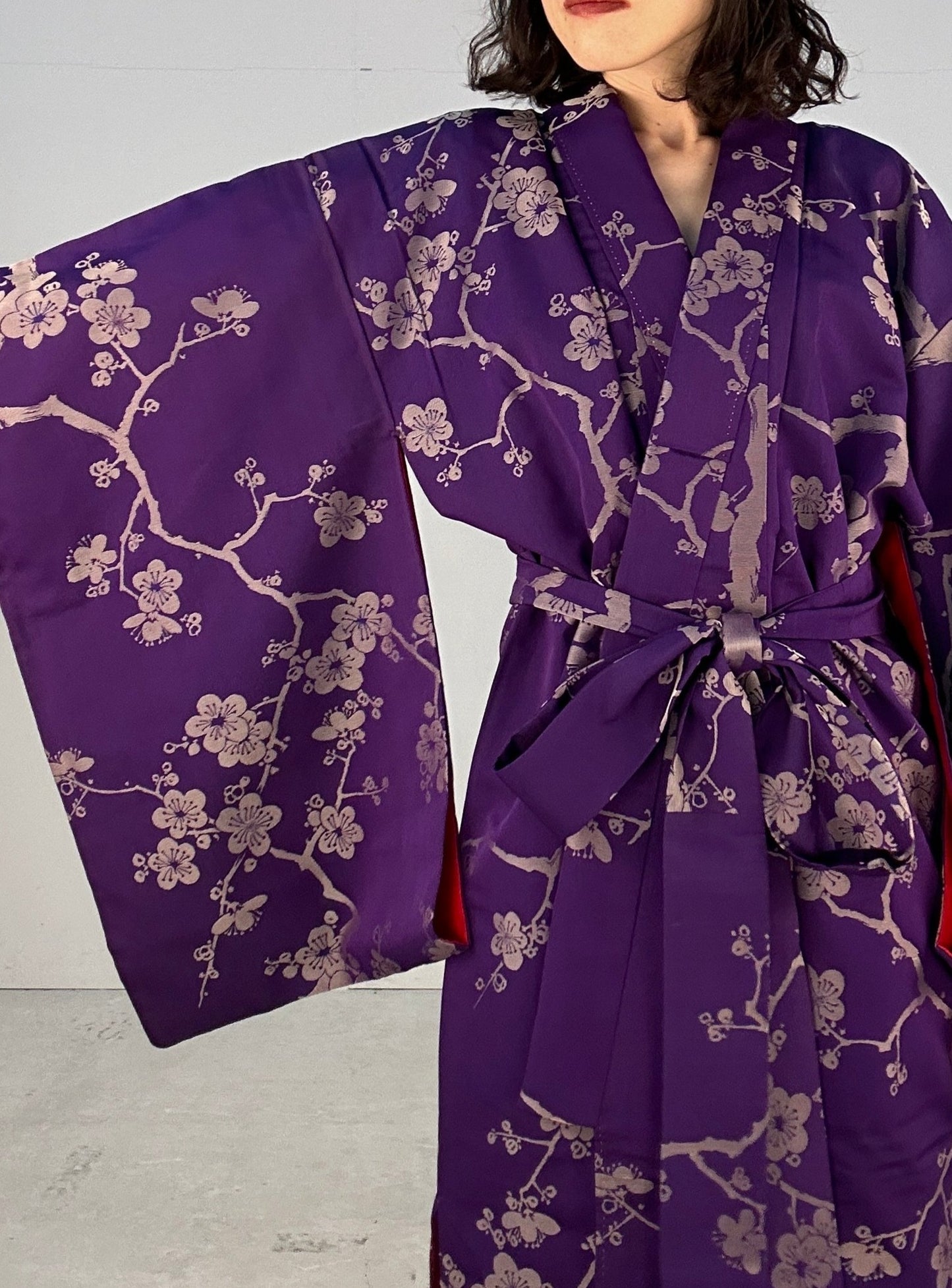 Kimono dress gown and string belt upcycled from Japanese kimono "komon ume"