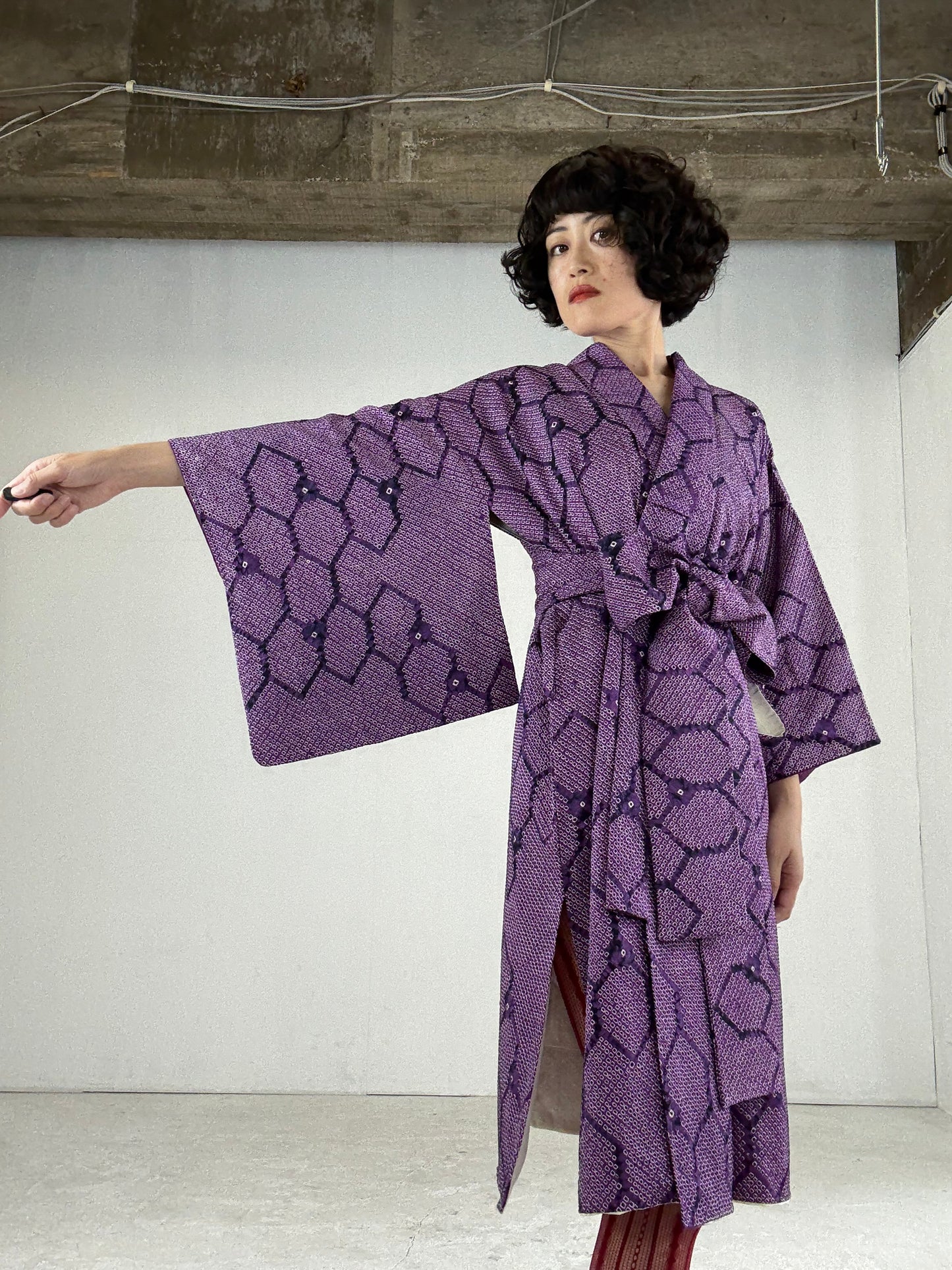 Kimono dress gown and string belt upcycled from Japanese kimono "shibori, murasaki" Big Ribbon