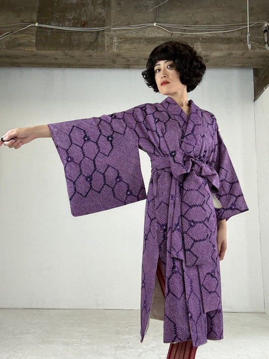 Kimono dress gown and string belt upcycled from Japanese kimono "shibori, murasaki" Big Ribbon