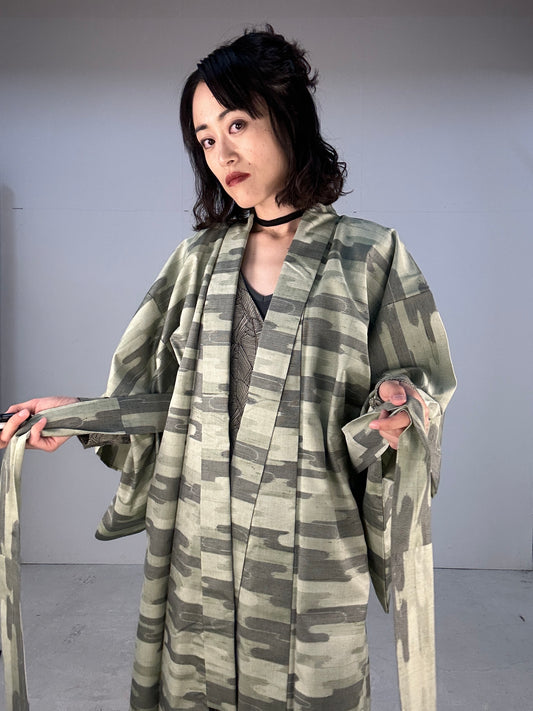 Kimono dress gown and string belt upcycled from Japanese kimono "tsumugi cloud pattern"