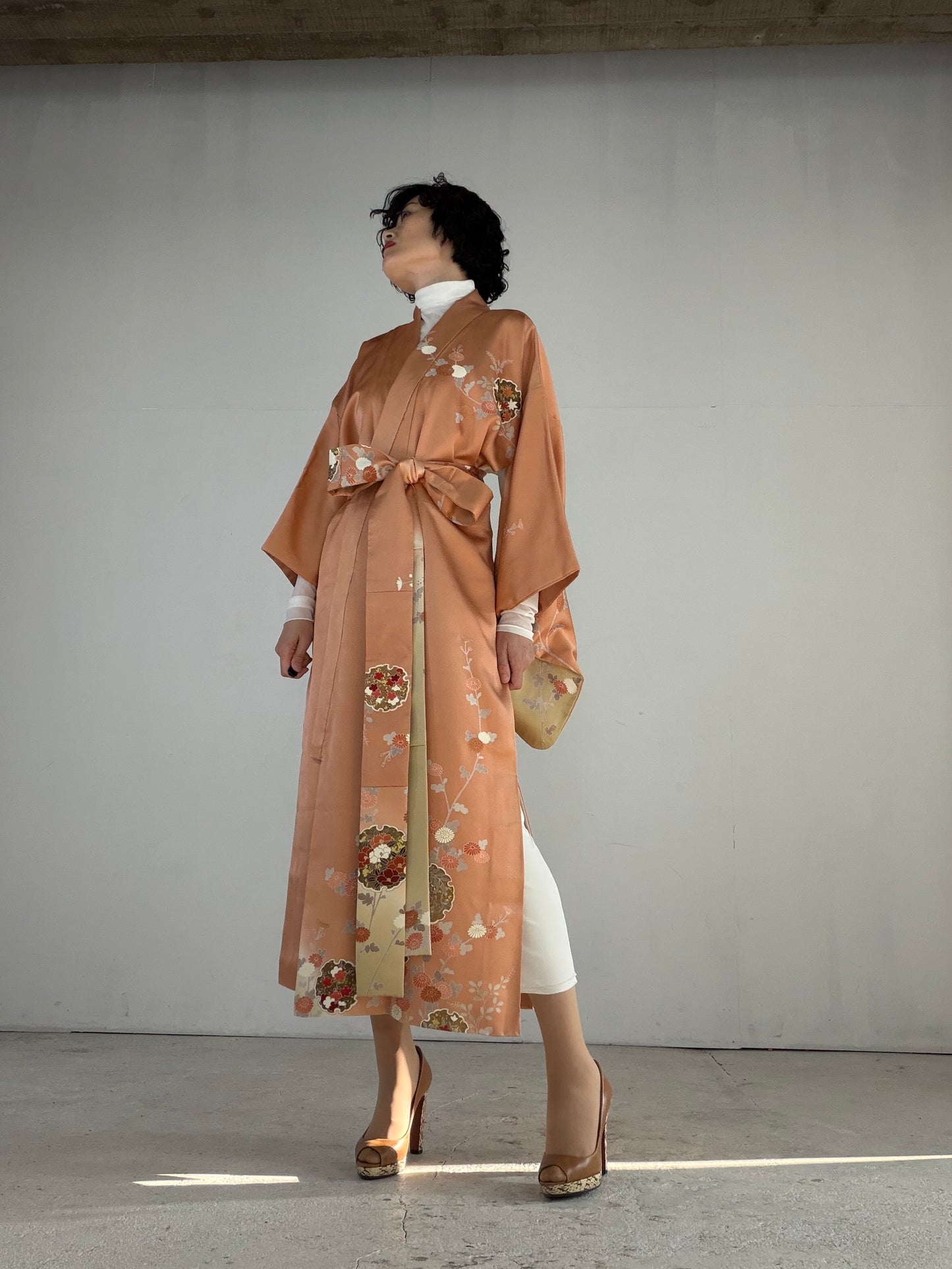 Houmongi Kimono Dress Gown with String Belt – Upcycled from Vintage Japanese Kimono "akebonoiro, DRE032"