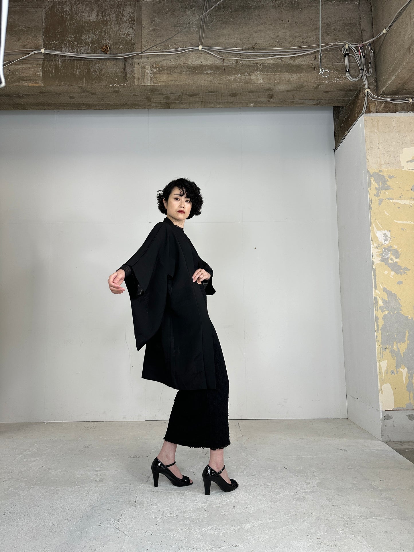 VINTAGE BLACK HAORI SHEER “ryusui_nadeshiko”