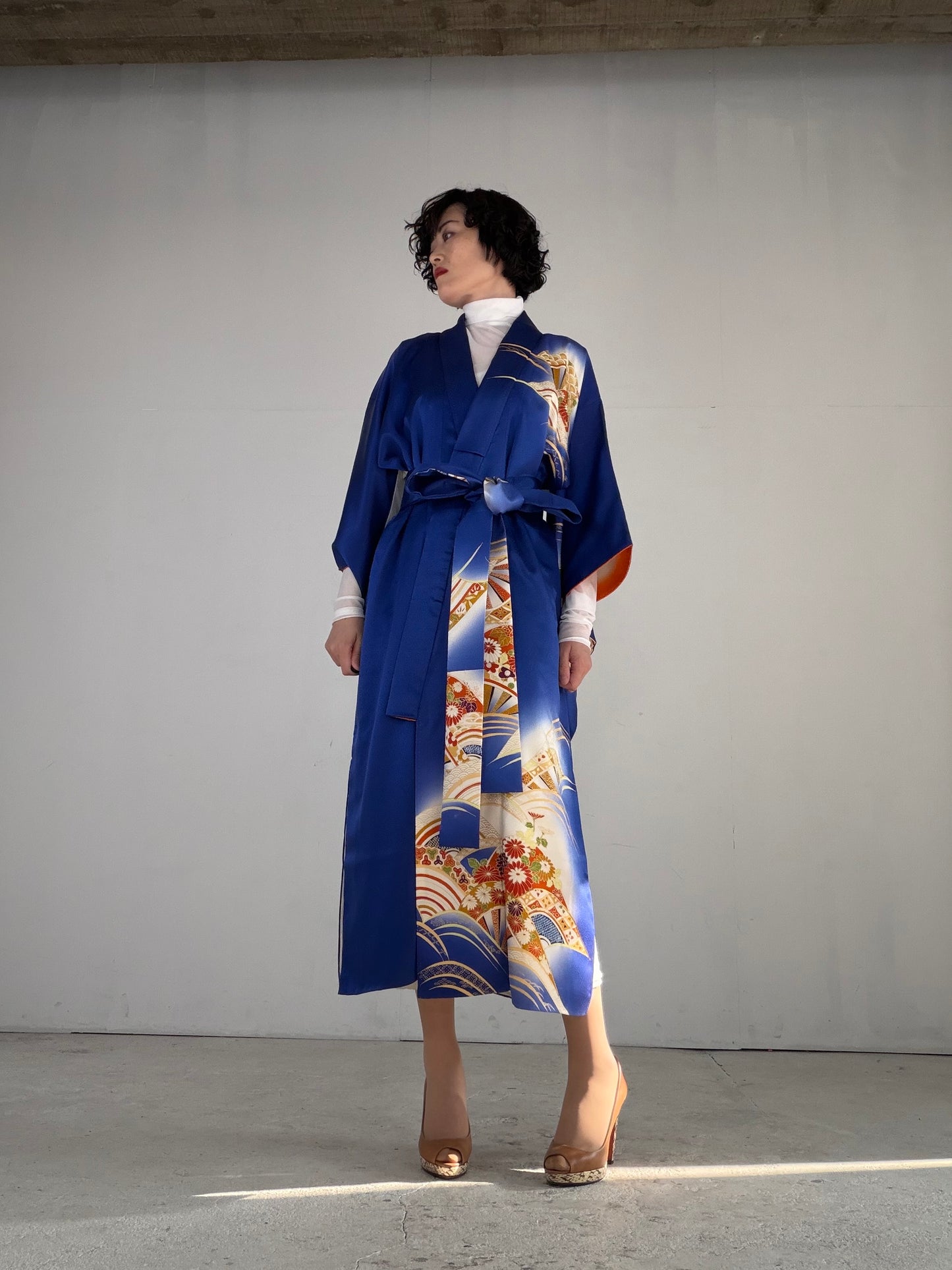 Houmongi Kimono Dress Gown with String Belt – Upcycled from Vintage Japanese Kimono "blue,genjiguruma, DRE033"