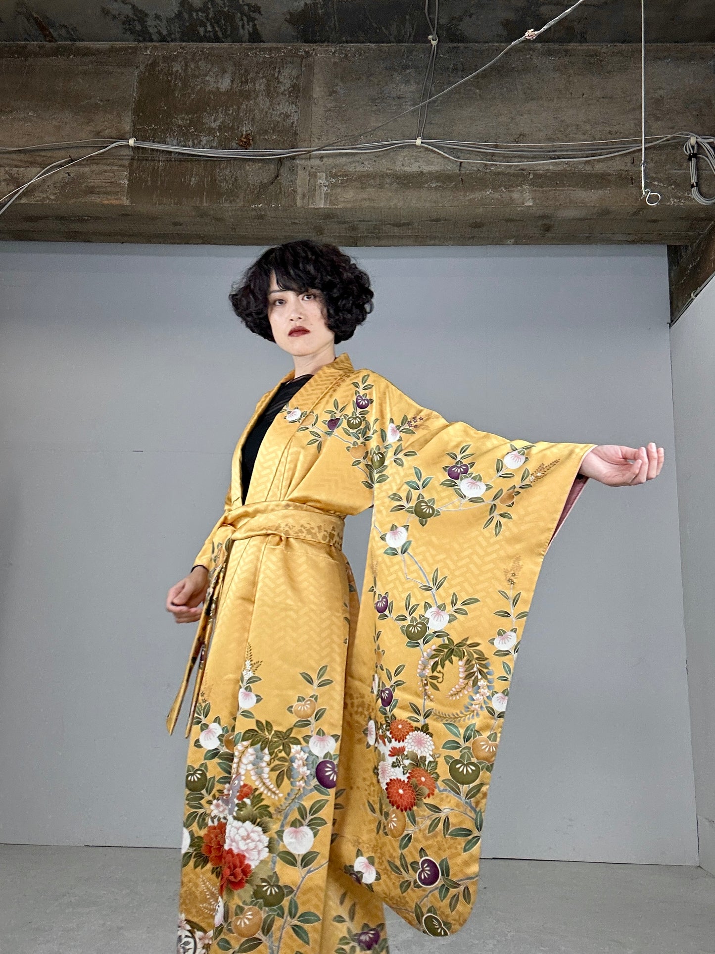 Furisode Kimono dress gown and string belt upcycled from Japanese kimono "yellow"