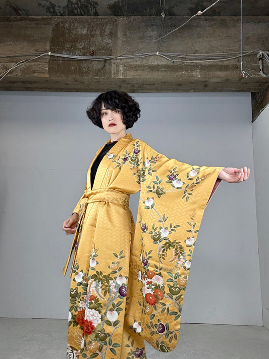 Furisode Kimono dress gown and string belt upcycled from Japanese kimono "yellow"