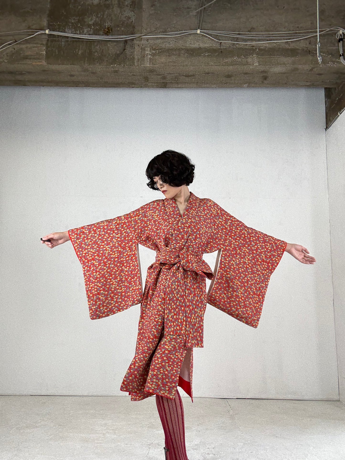 Kimono dress gown and string belt upcycled from Japanese kimono "tachibana" Big Ribbon