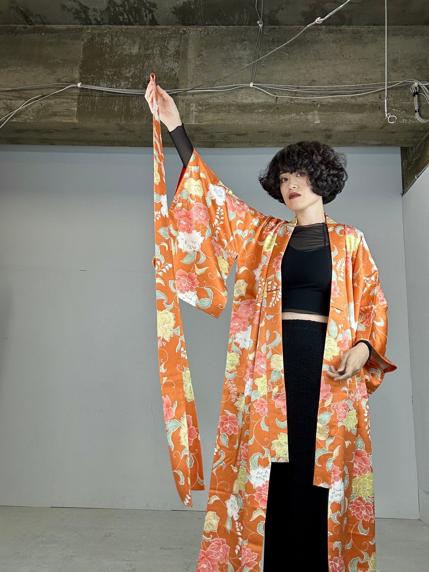 Kimono dress gown and string belt upcycled from Japanese kimono "komon youbana"