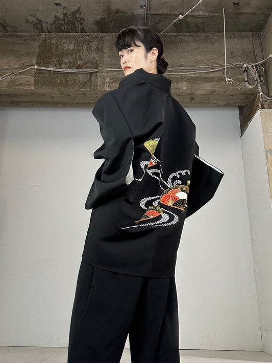 VINTAGE BLACK HAORI "ougi"