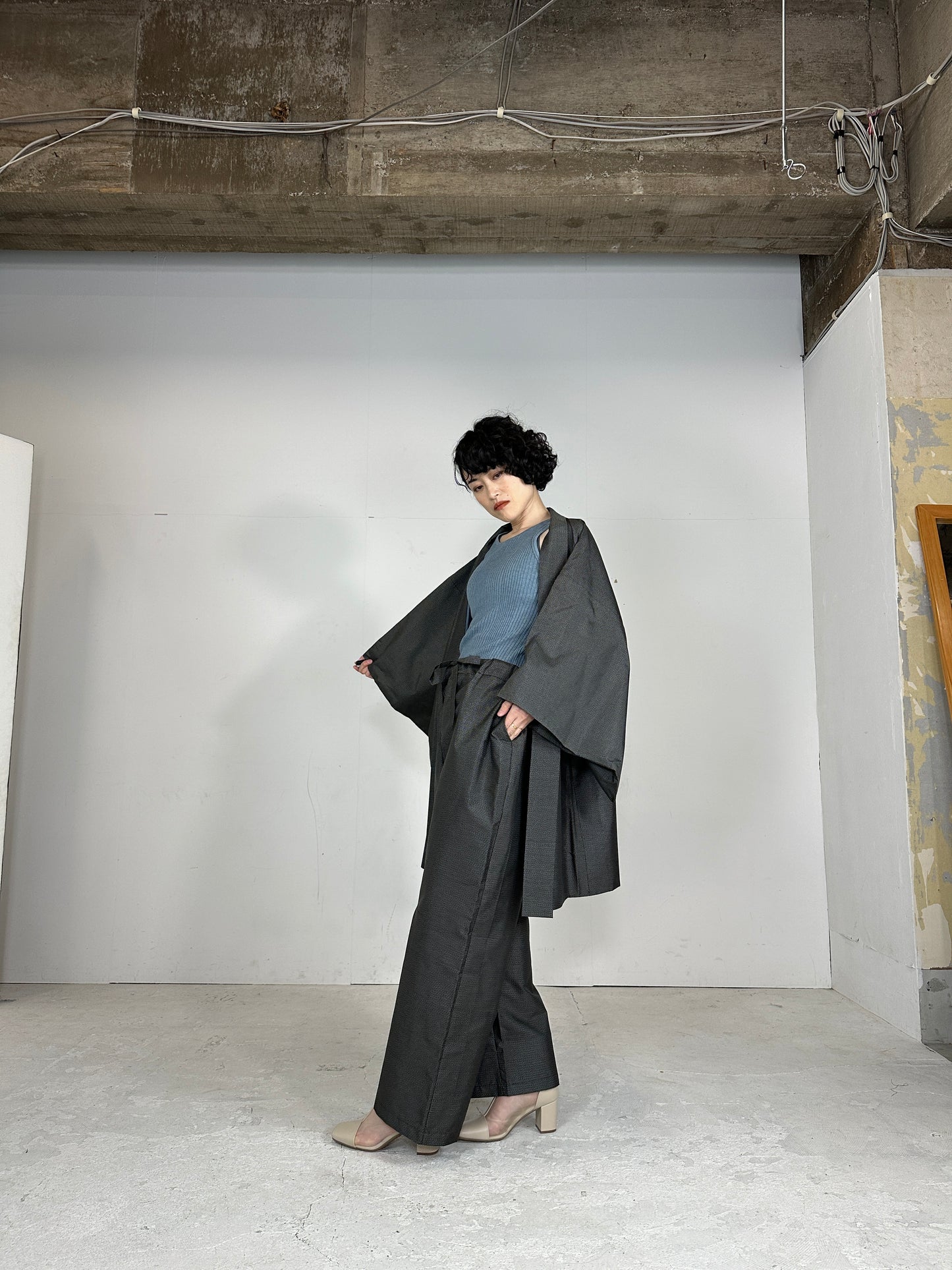 Oshima Tsumugi HAORI  and KIMONO elastic waist pants(large size) upcycled from Japanese kimono(Unisex)"Kintai Bridge"