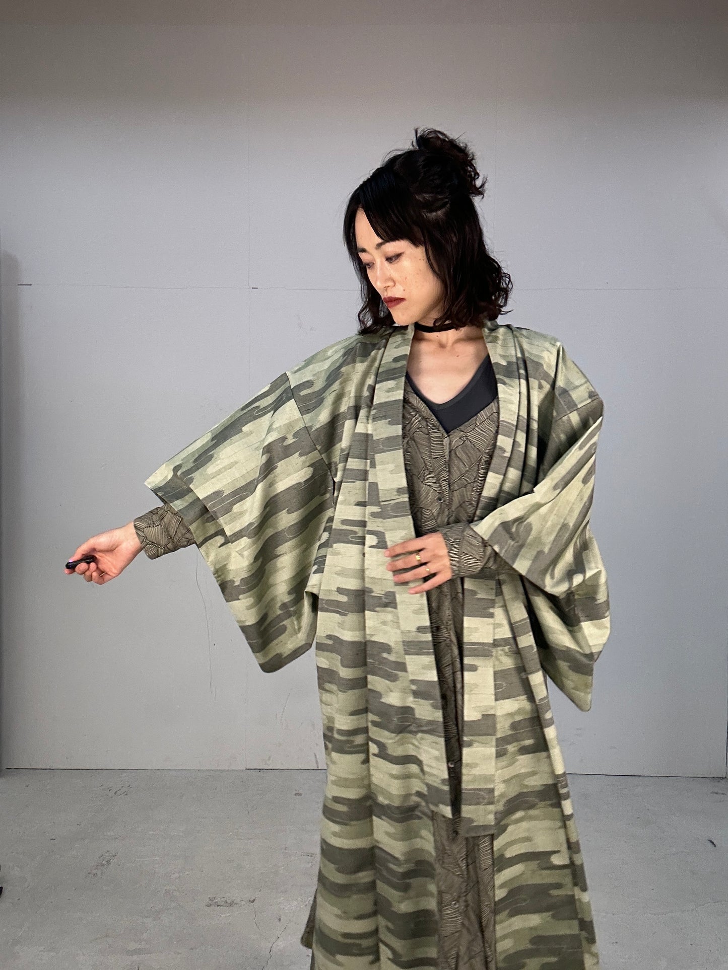 Kimono dress gown and string belt upcycled from Japanese kimono "tsumugi cloud pattern"