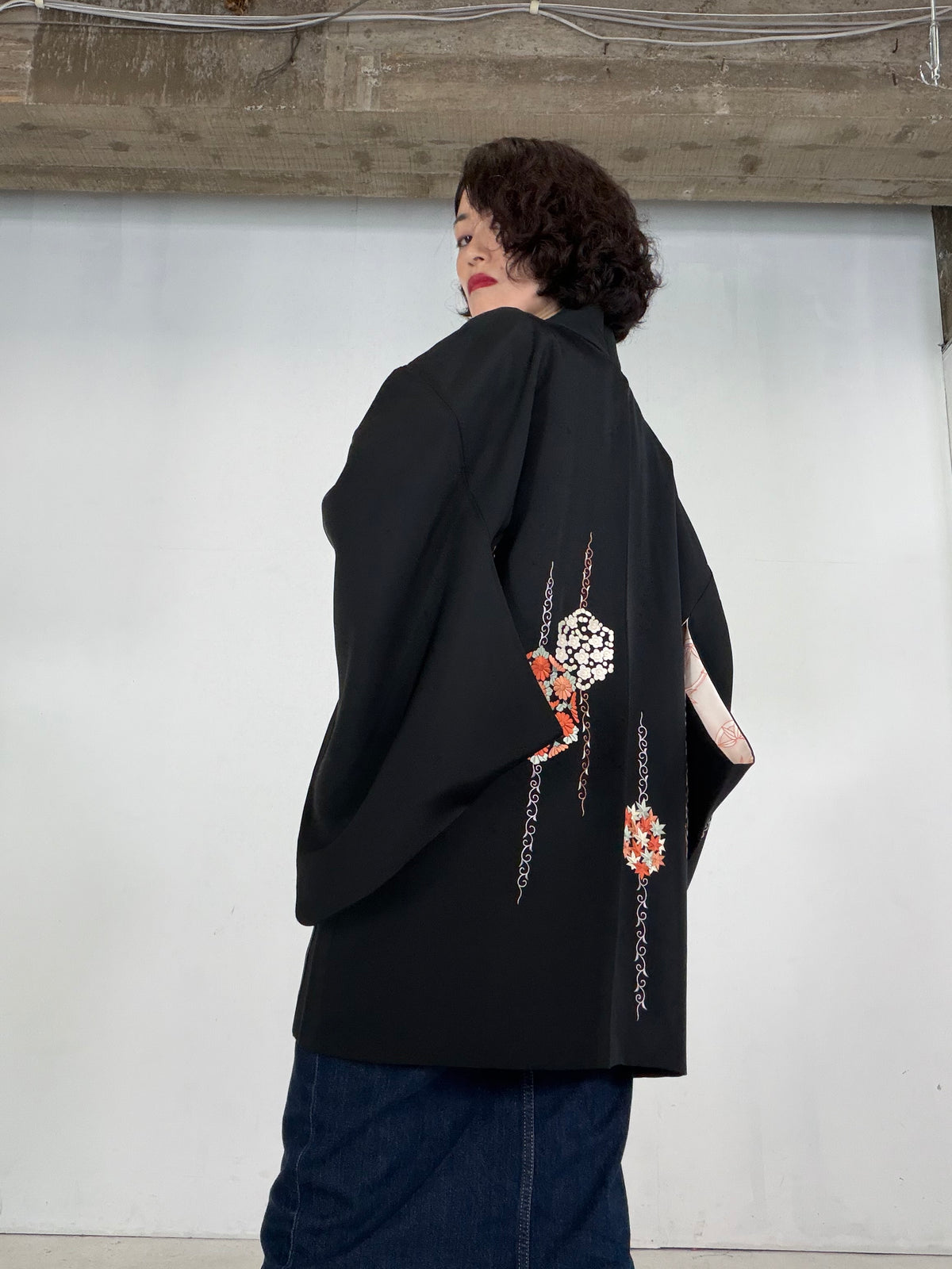 VINTAGE BLACK HAORI  "embroidery, BLK207"