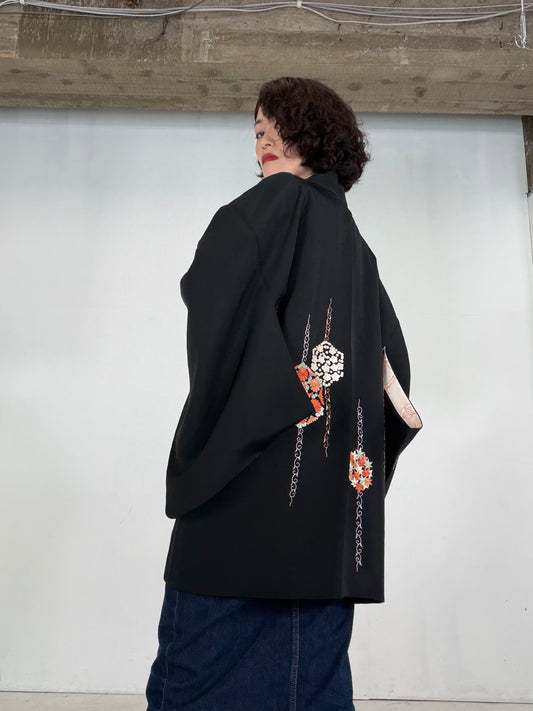 VINTAGE BLACK HAORI  "embroidery, BLK207"