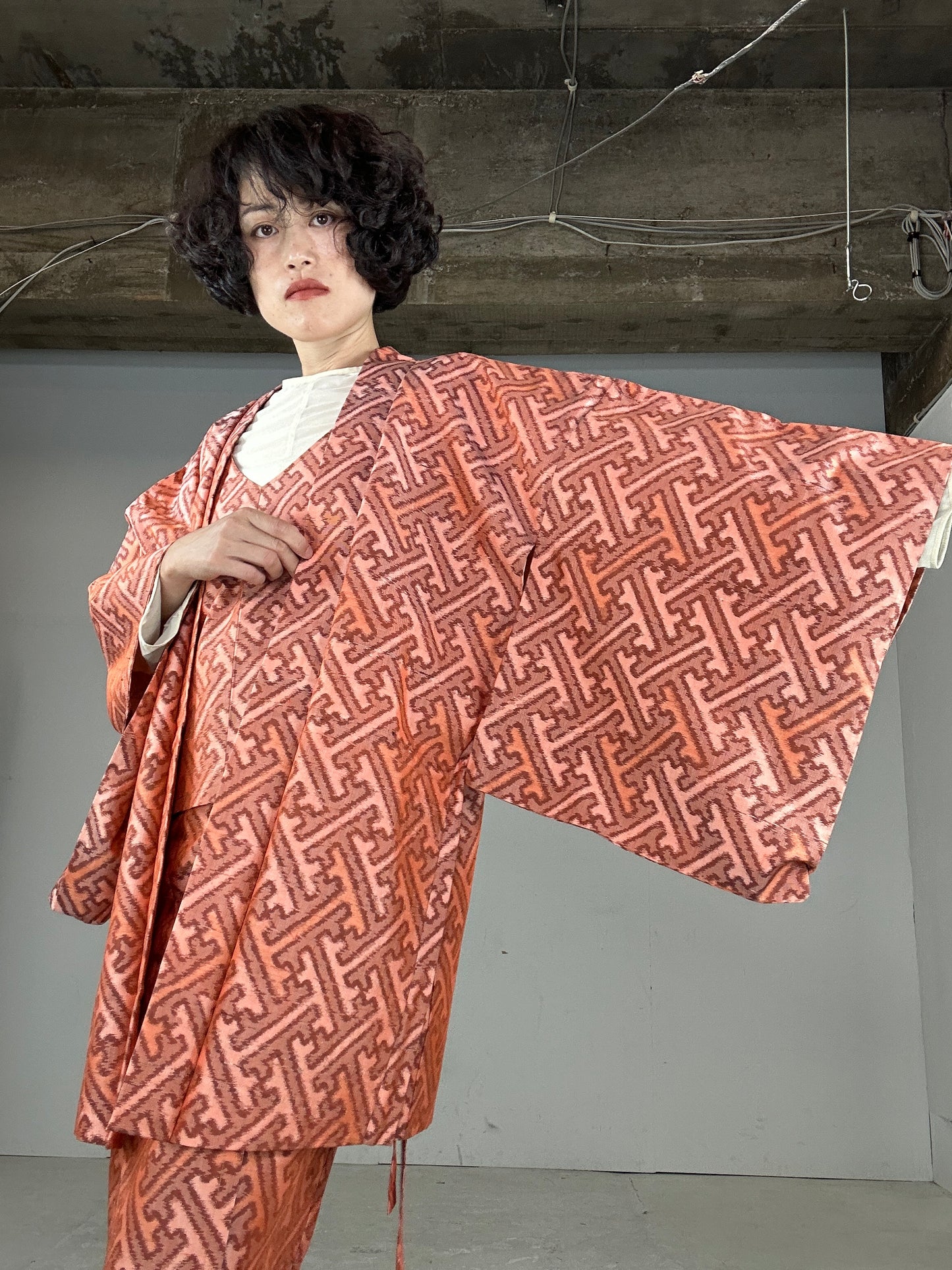 Tsumugi HAORI and KIMONO Skirt, Camisole upcycled from Japanese kimono"manjitsunagi"