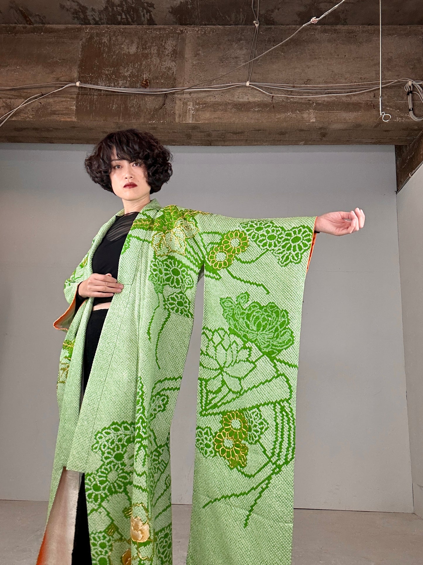 Furisode Kimono dress gown and string belt upcycled from Japanese kimono "shibori green"