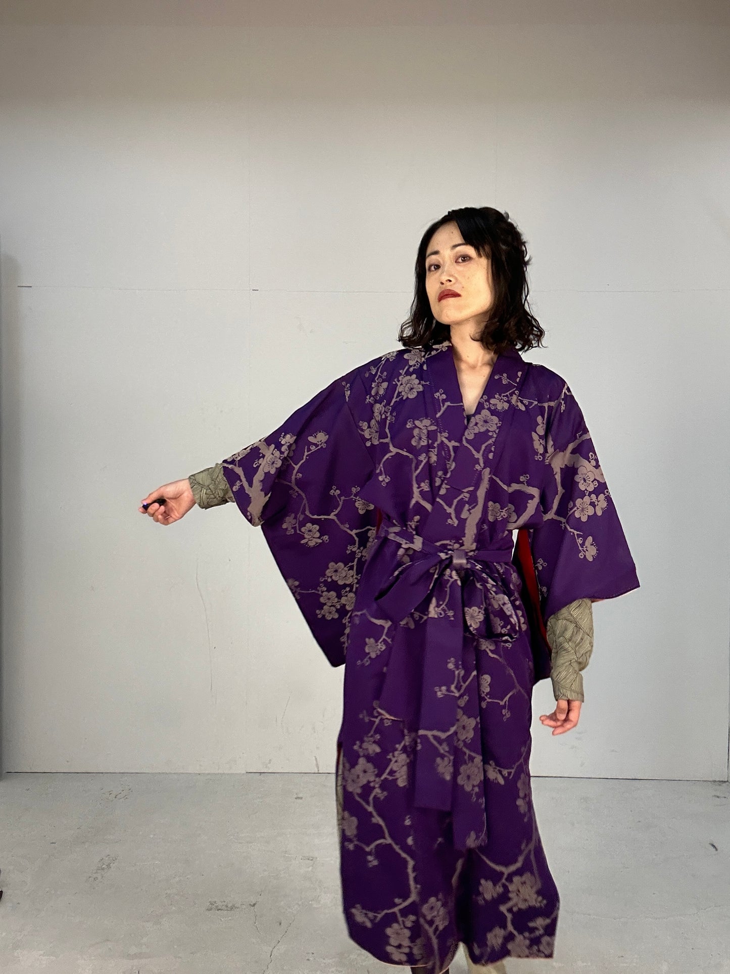 Kimono dress gown and string belt upcycled from Japanese kimono "komon ume"