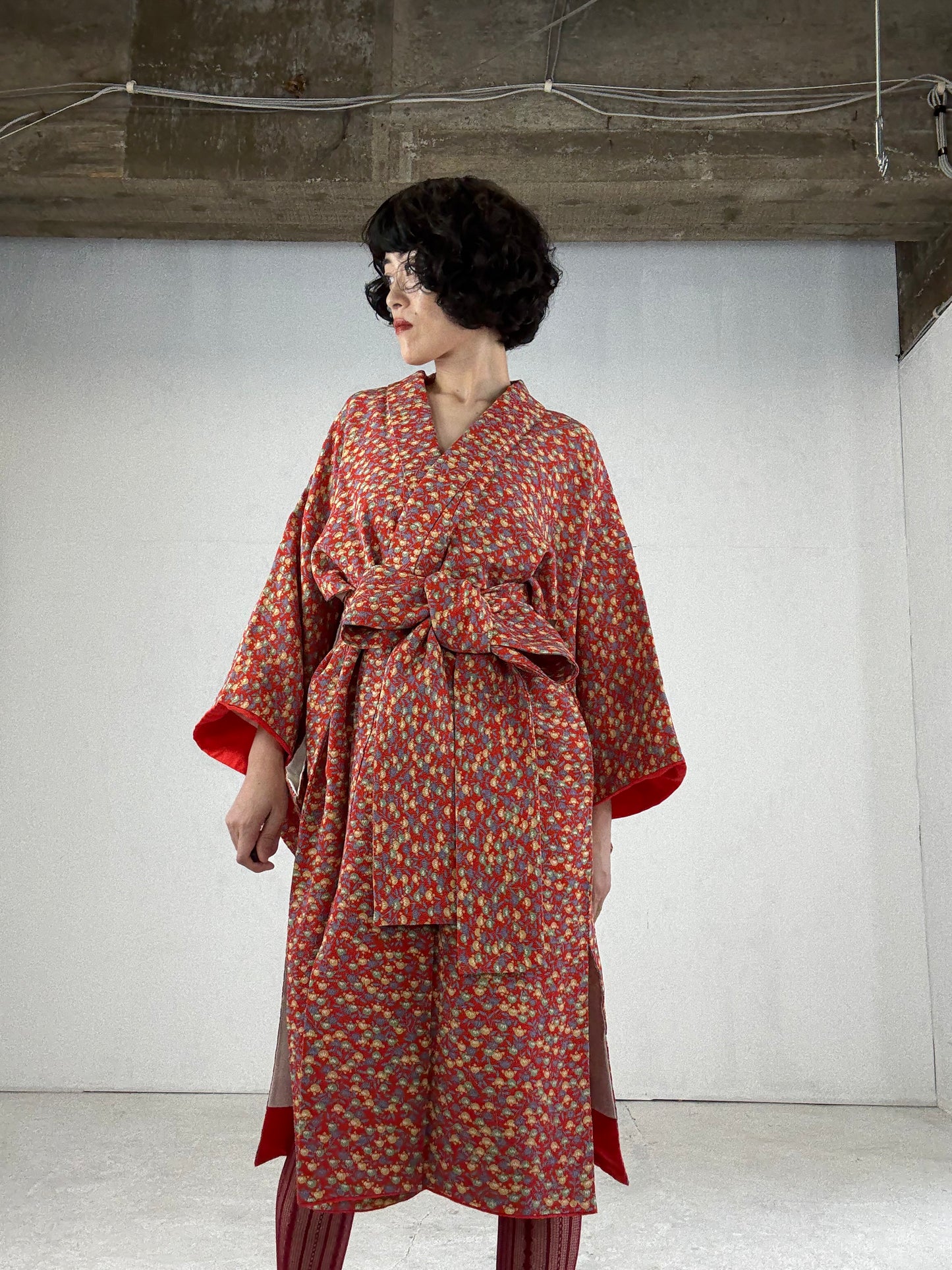 Kimono dress gown and string belt upcycled from Japanese kimono "tachibana" Big Ribbon