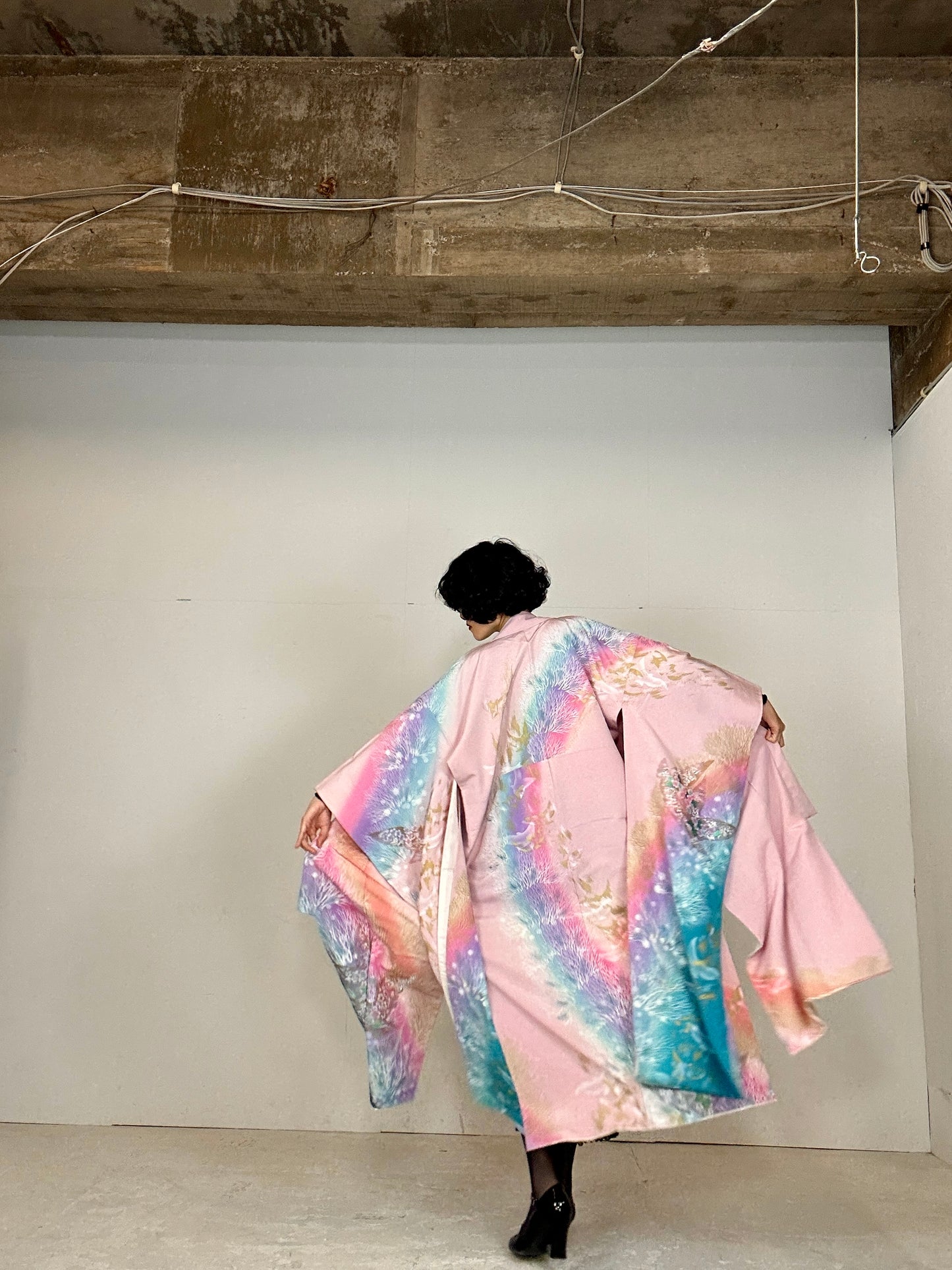 Furisode Kimono dress gown and string belt upcycled from Japanese kimono "sky gradient bird"