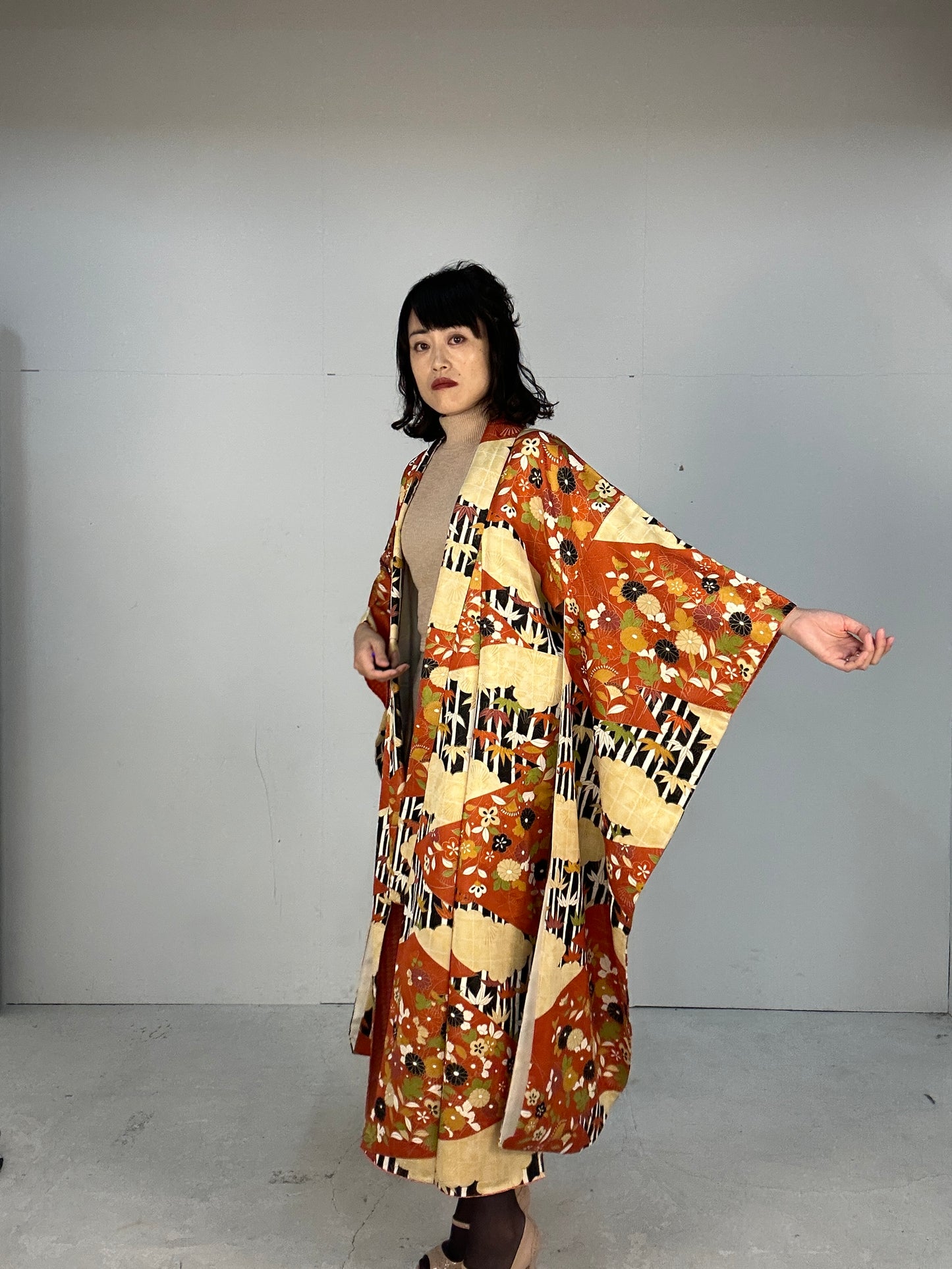 Furisode Kimono dress gown and string belt upcycled from Japanese kimono "furisode kuro"