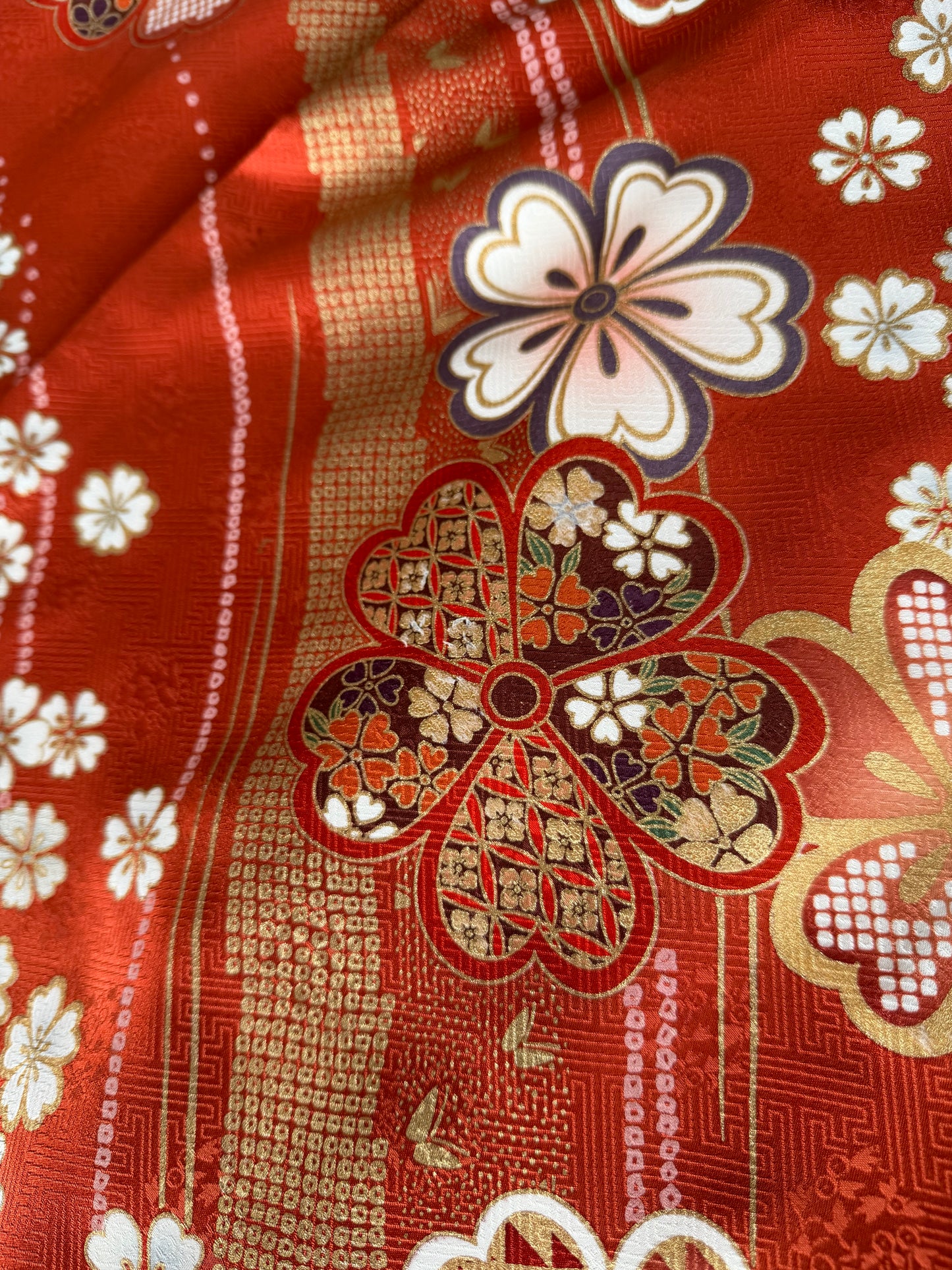 Furisode Kimono Dress Gown with String Belt – Upcycled from Vintage Japanese Kimono "red, cha, DRE037"