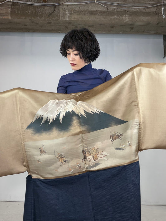 VINTAGE KAWAII HAORI oversized  "oshima, blue, kari,horse,fuji, 063"