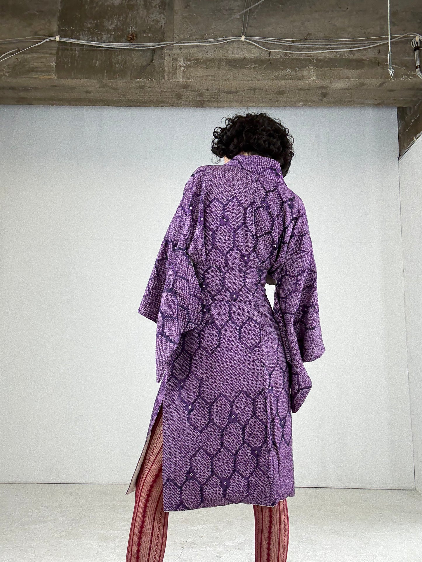 Kimono dress gown and string belt upcycled from Japanese kimono "shibori, murasaki" Big Ribbon
