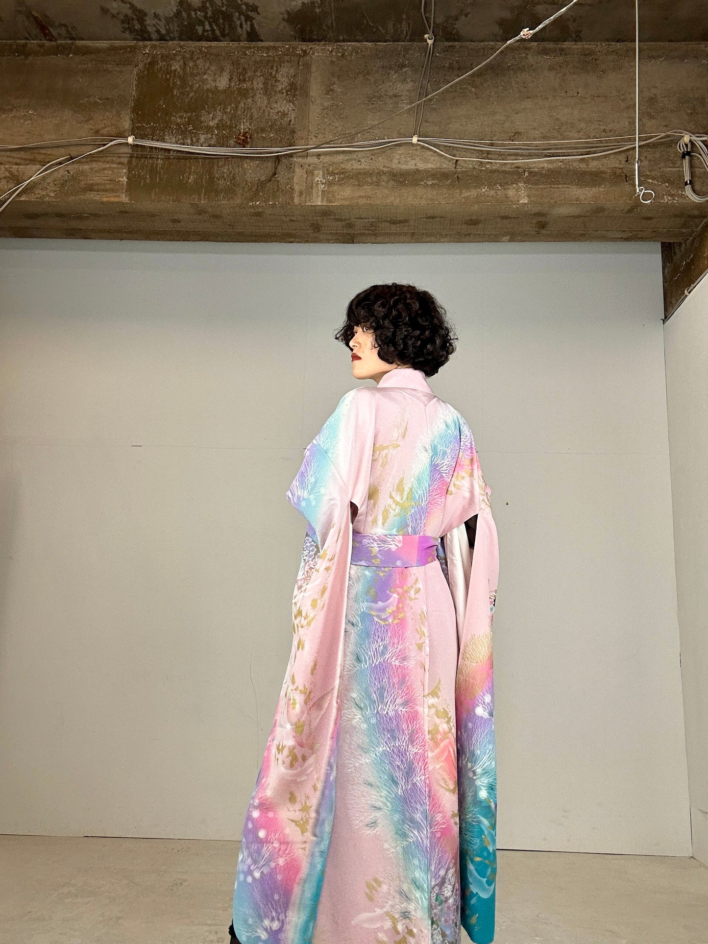 Furisode Kimono dress gown and string belt upcycled from Japanese kimono "sky gradient bird"