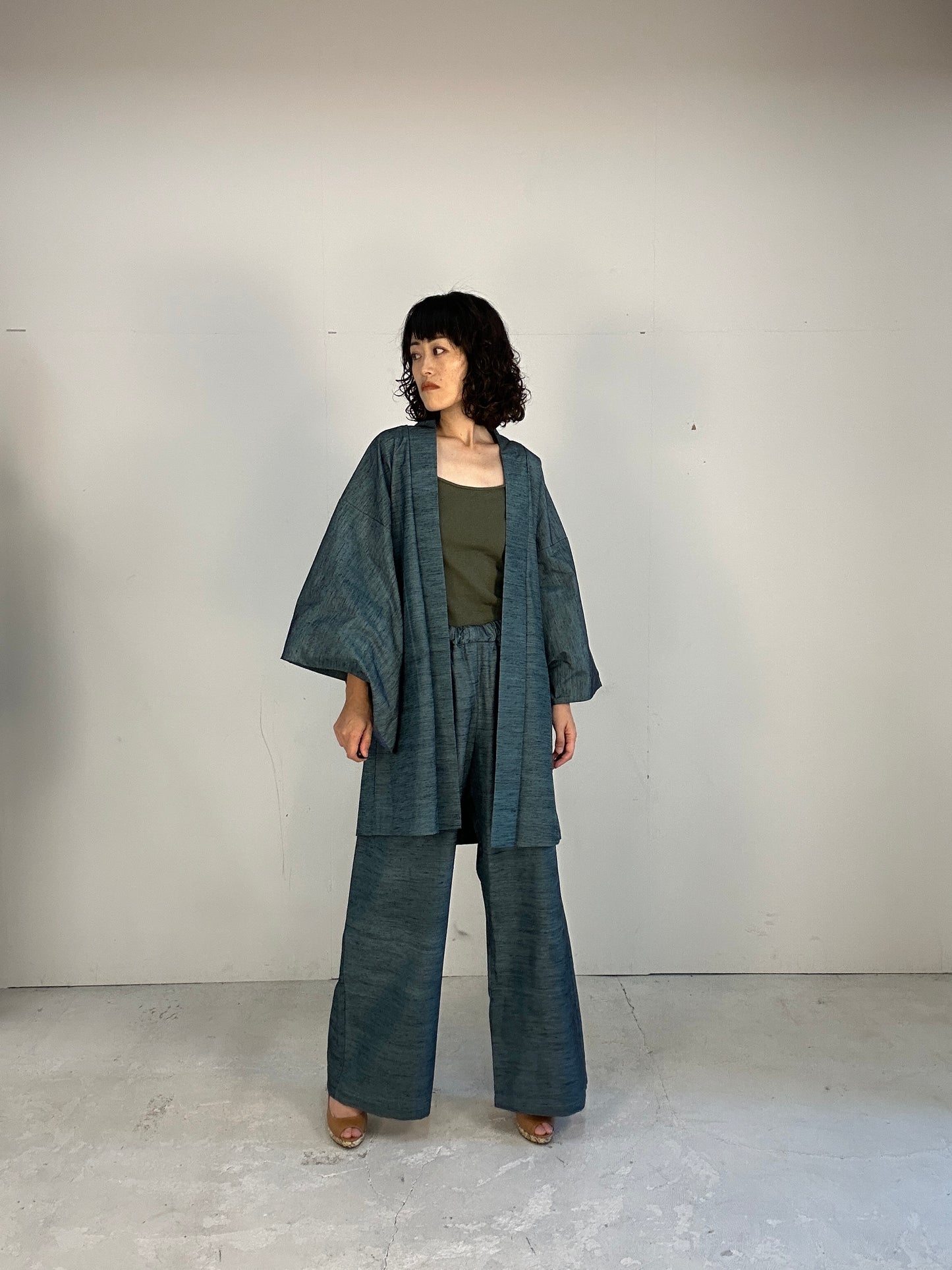 08mixblue Tsumugi HAORI and KIMONO elastic waist pants upcycled from Japanese kimono(Unisex)