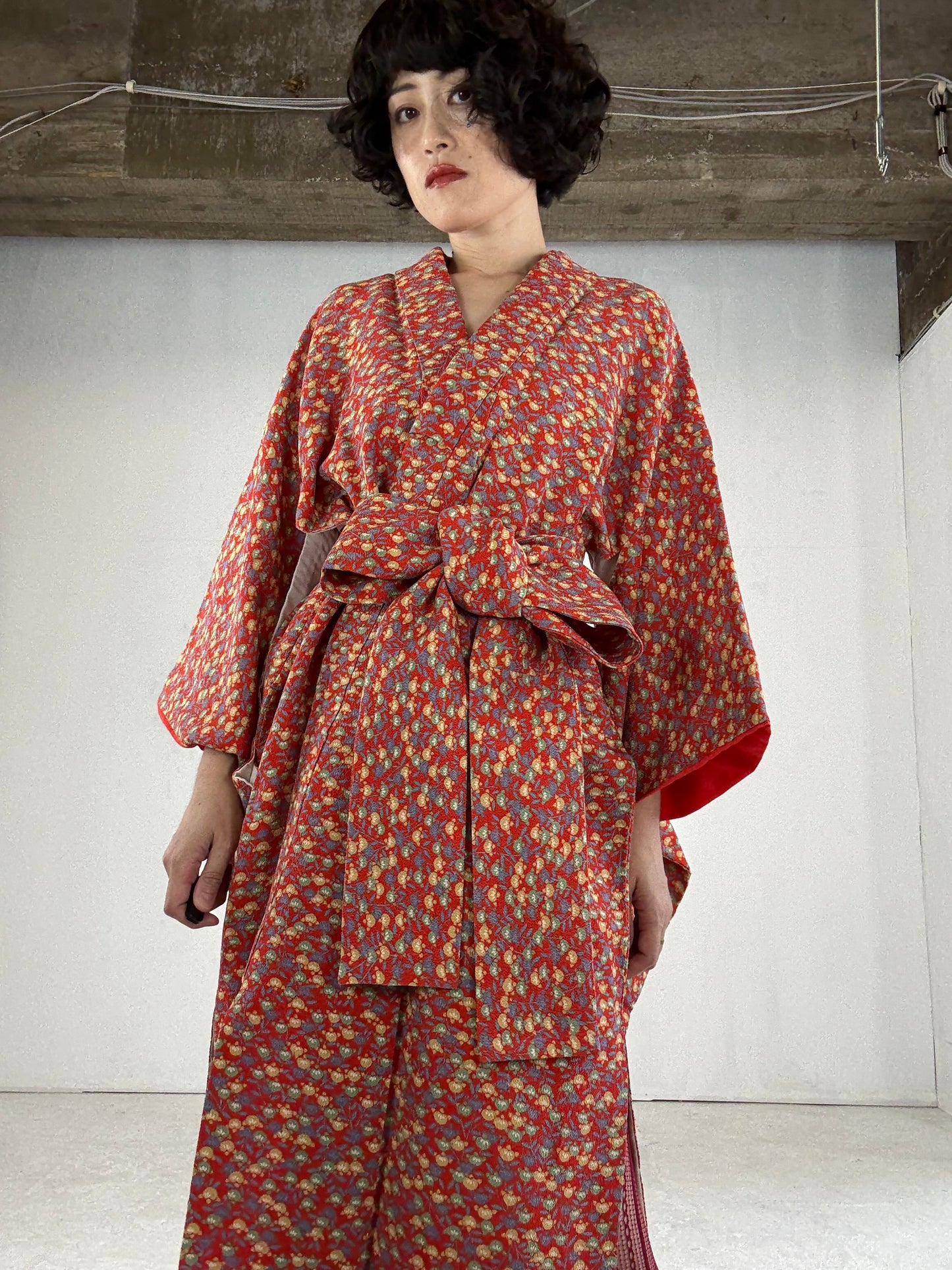 Kimono dress gown and string belt upcycled from Japanese kimono "tachibana" Big Ribbon