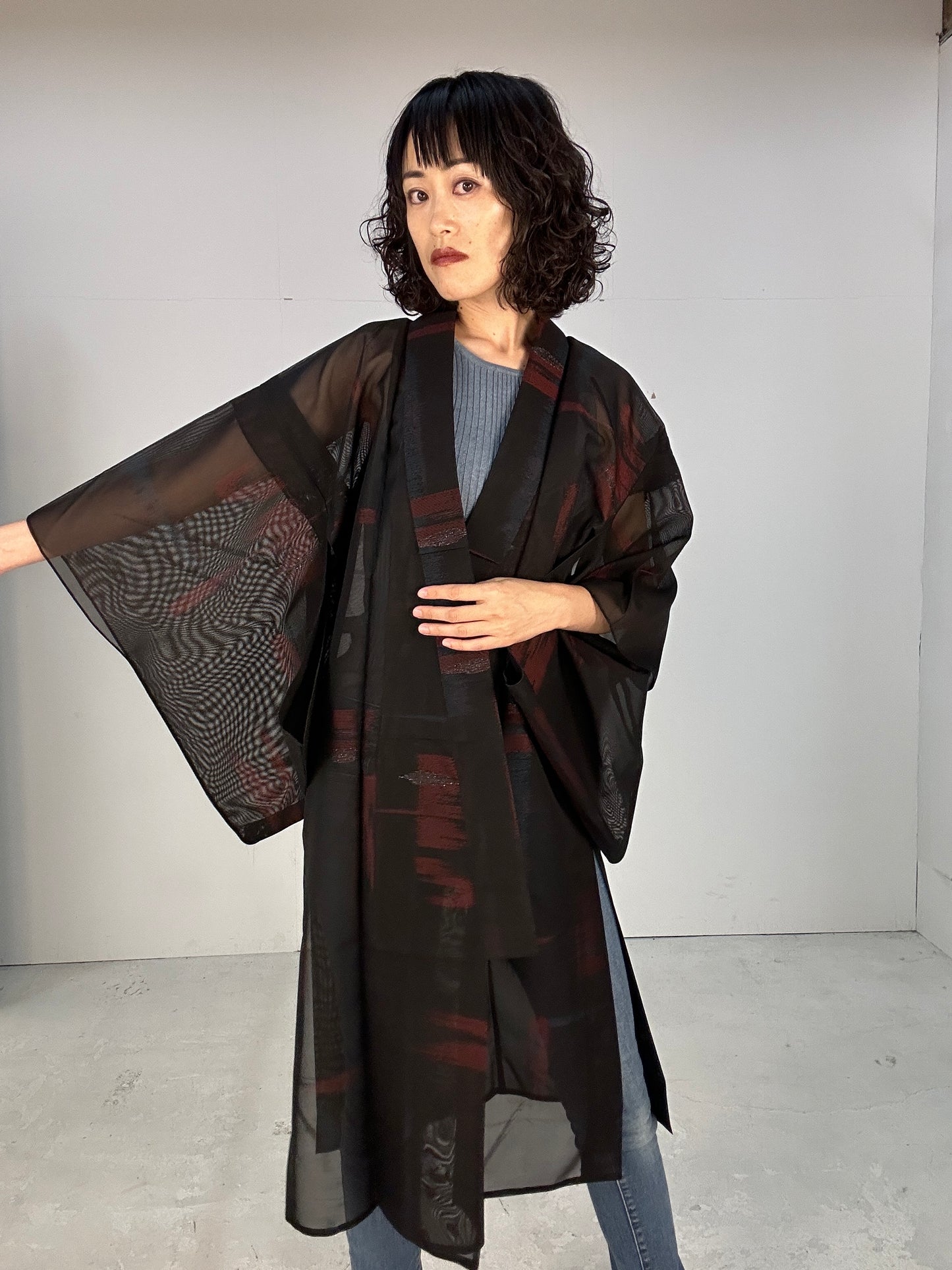 SHEER kimono dress gown and string belt upcycled from Japanese kimono "gin aka ao"