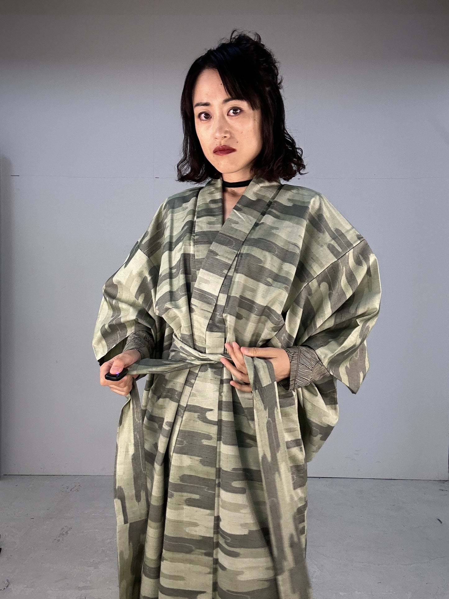 Kimono dress gown and string belt upcycled from Japanese kimono "tsumugi cloud pattern"