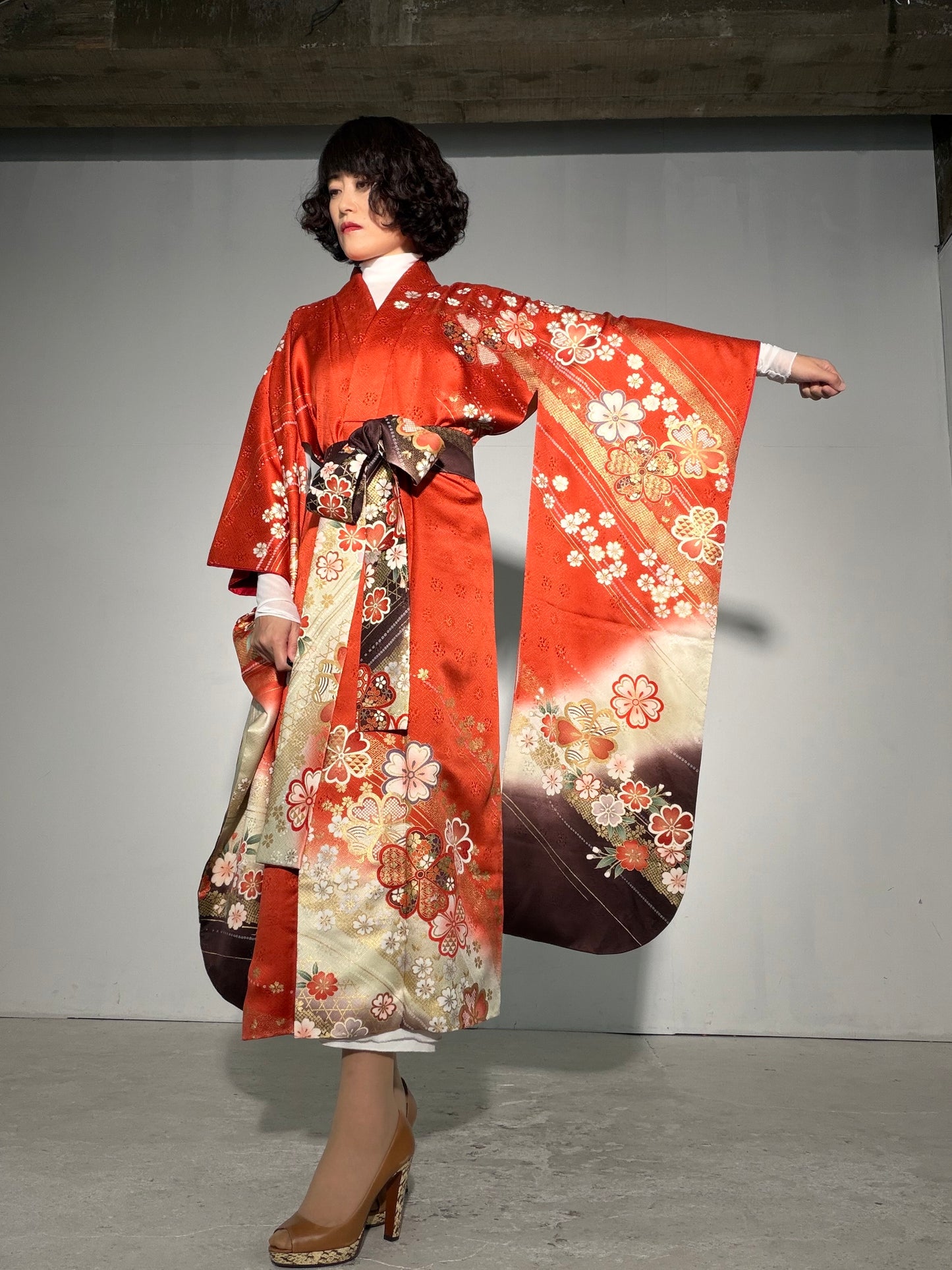 Furisode Kimono Dress Gown with String Belt – Upcycled from Vintage Japanese Kimono "red, cha, DRE037"