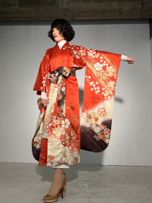 Furisode Kimono Dress Gown with String Belt – Upcycled from Vintage Japanese Kimono "red, cha, DRE037"