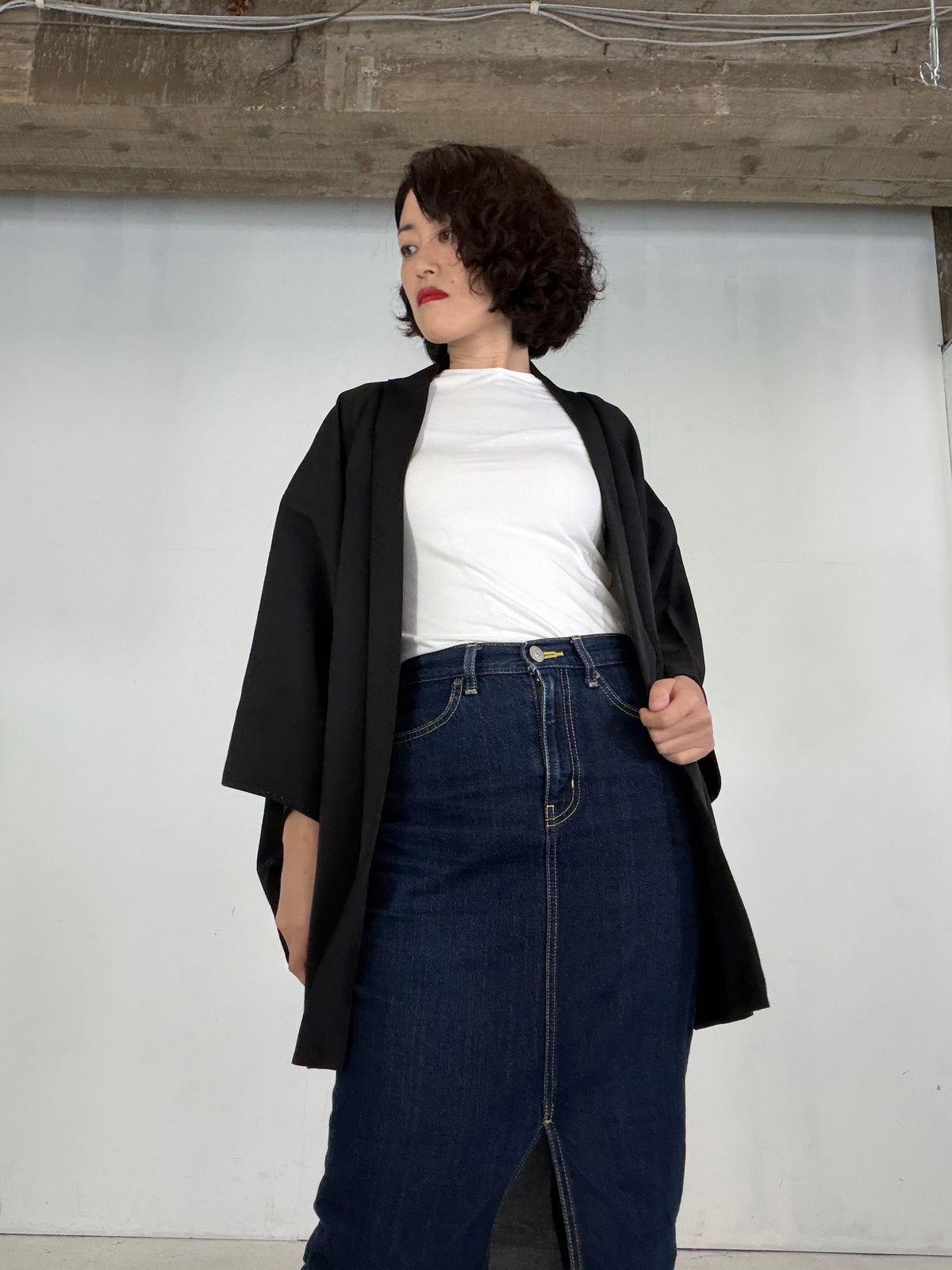 VINTAGE BLACK HAORI  " Wood Motif - BLK211"