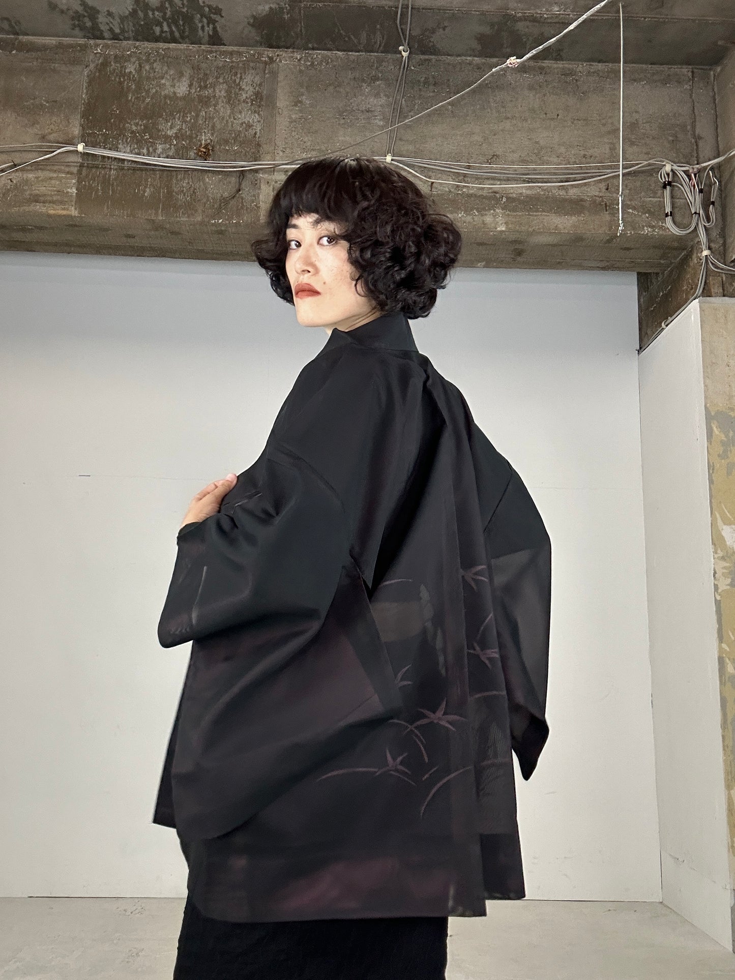 VINTAGE BLACK HAORI SHEER “aka 001 pink shibakusa"