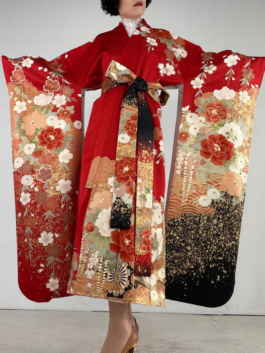 Furisode Kimono Dress Gown with String Belt – Upcycled from Vintage Japanese Kimono "red, sakura, botan, kiku, DRE019"