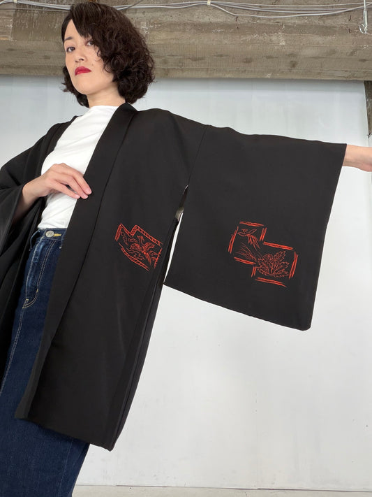 VINTAGE BLACK HAORI  "deer, rabbit, BLK206"
