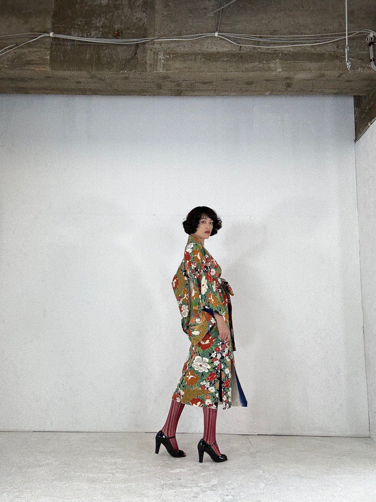 Kimono dress gown and string belt upcycled from Japanese kimono "hanadukushi" Big Ribbon