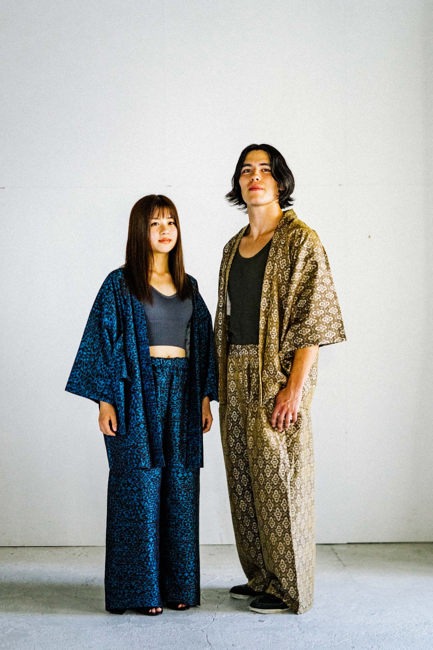 06blue Tsumugi HAORI and KIMONO elastic waist pants upcycled from Japanese kimono(Unisex)