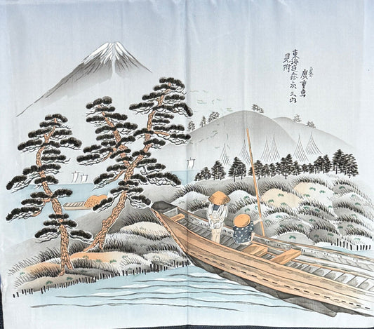 VINTAGE KAWAII HAORI oversized  "oshima, blue, fune ,yama , 001" *damage