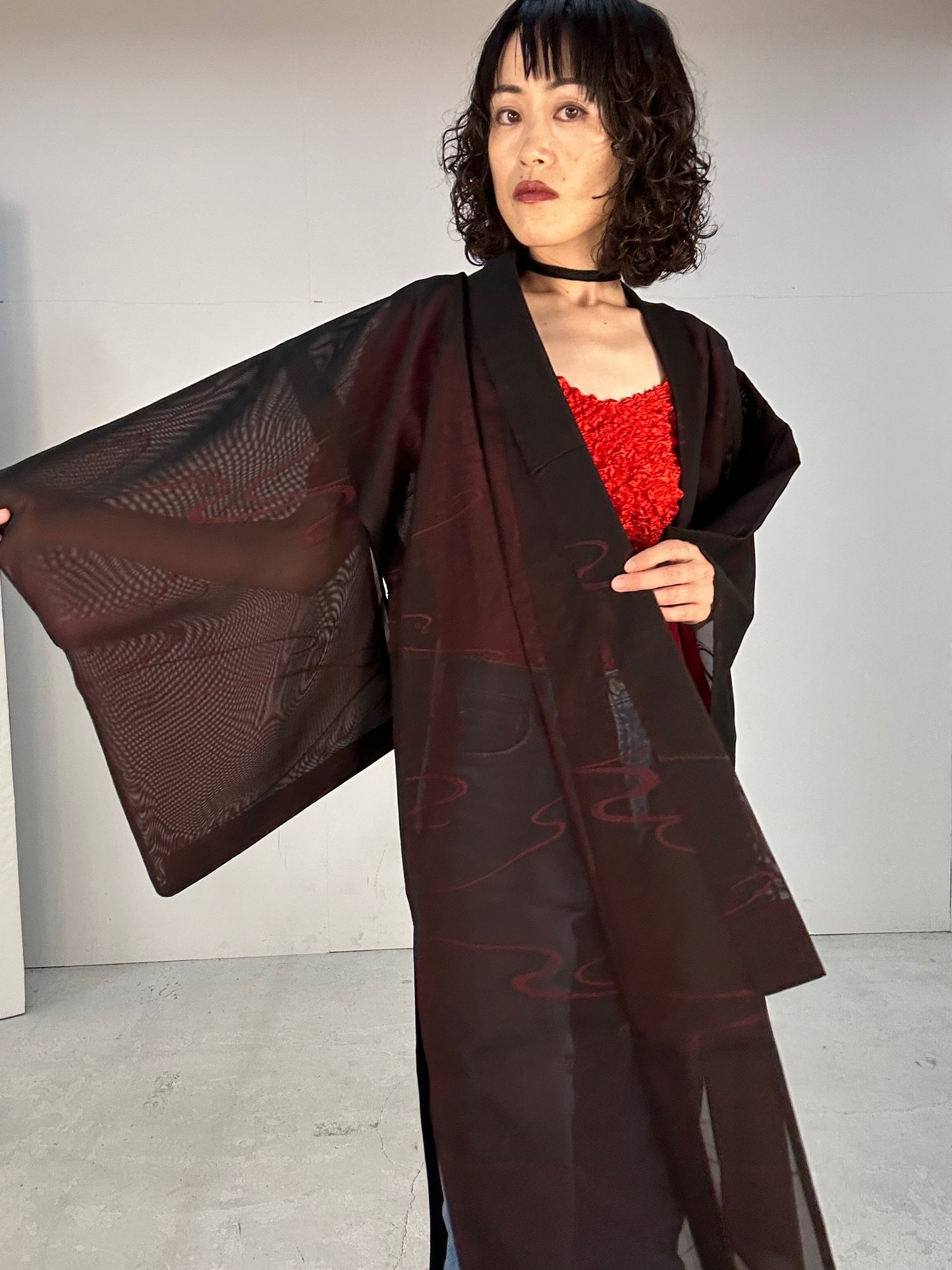 SHEER kimono dress gown and string belt upcycled from Japanese kimono