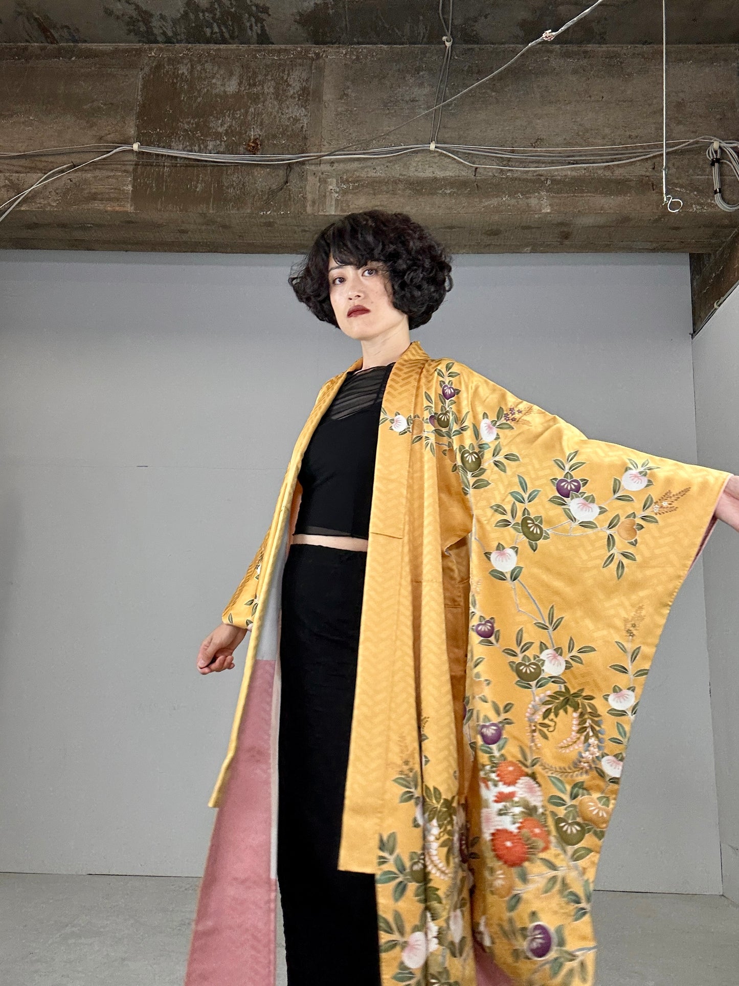 Furisode Kimono dress gown and string belt upcycled from Japanese kimono "yellow"