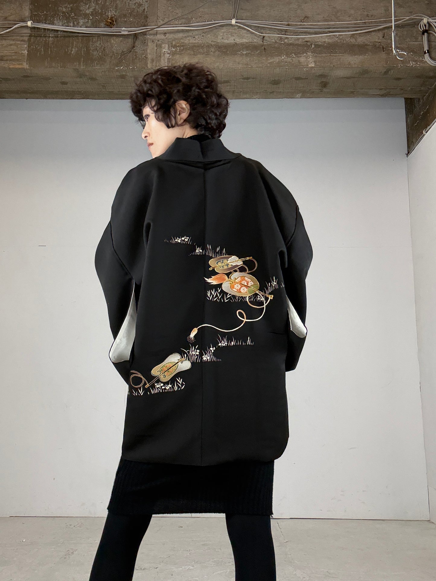 VINTAGE BLACK HAORI "GINKOMA, embroidery"