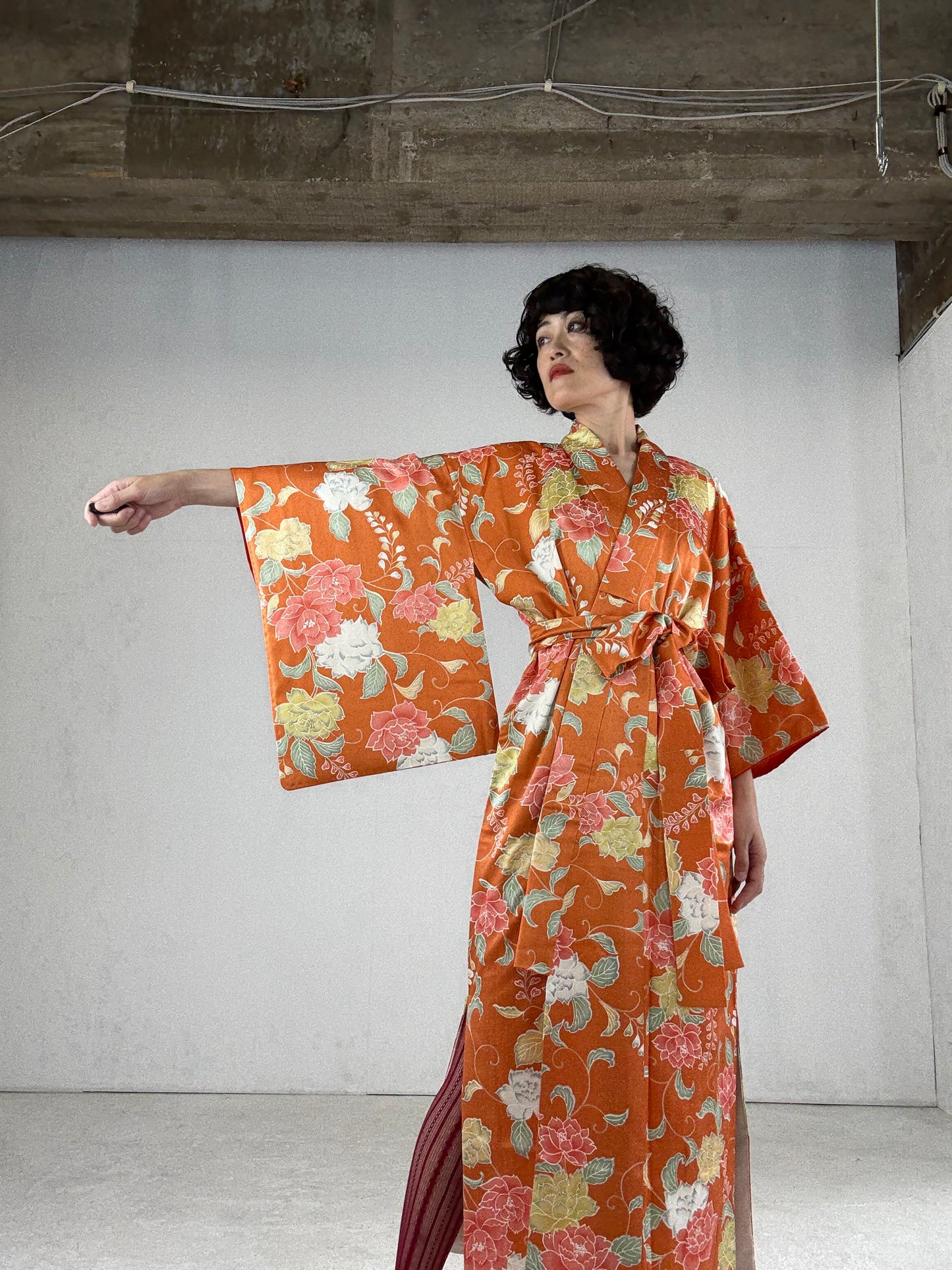 Kimono dress gown and string belt upcycled from Japanese kimono "komon youbana" *damage