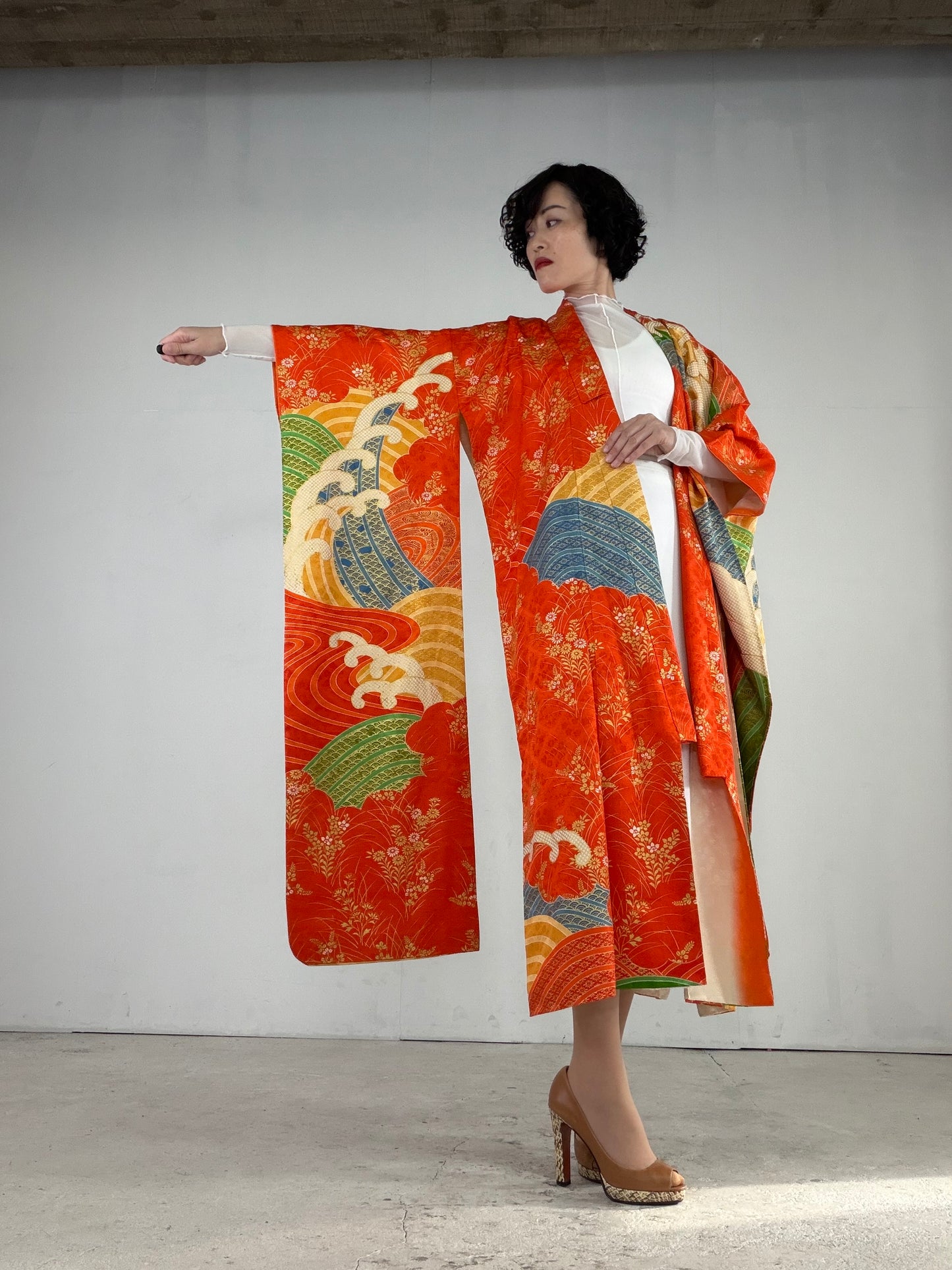 Furisode Kimono Dress Gown with String Belt – Upcycled from Vintage Japanese Kimono "orange, nami, DRE021"