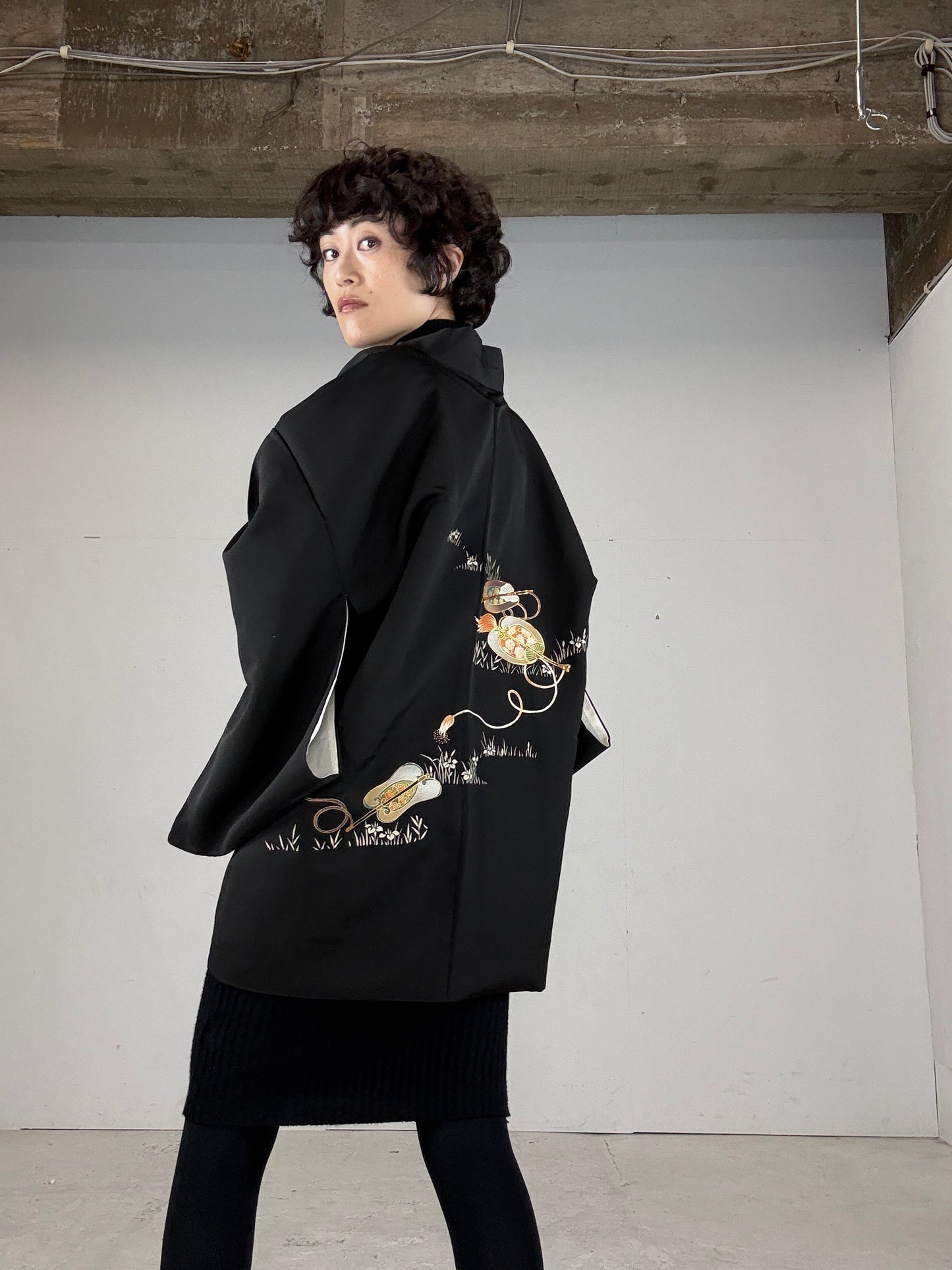 VINTAGE BLACK HAORI "GINKOMA, embroidery"