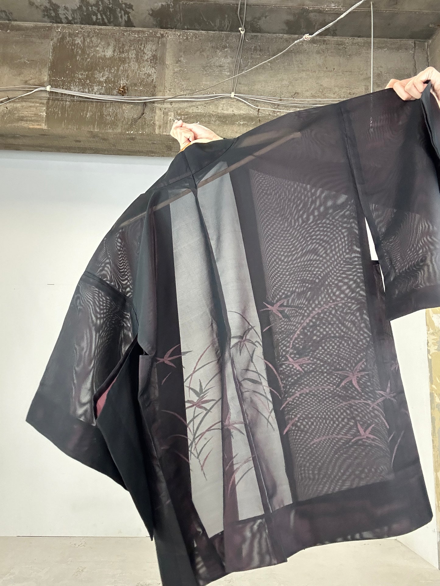 VINTAGE BLACK HAORI SHEER “aka 001 pink shibakusa"