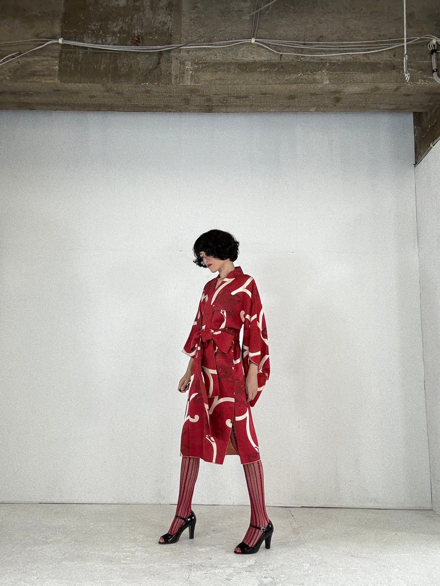 Kimono dress gown and string belt upcycled from Japanese kimono "karakusa, antique" Big Ribbon *damage